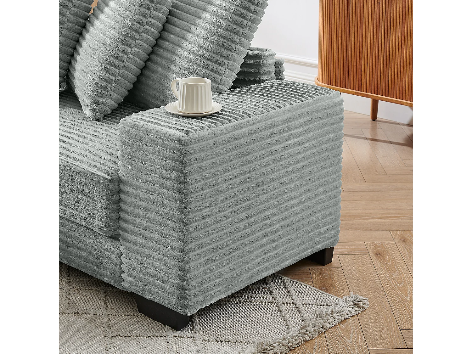 Canapé d'angle 256.5x133.5x89 cm, méridienne réversible, 6 coussins, pieds en plastique, velours côtelé gris