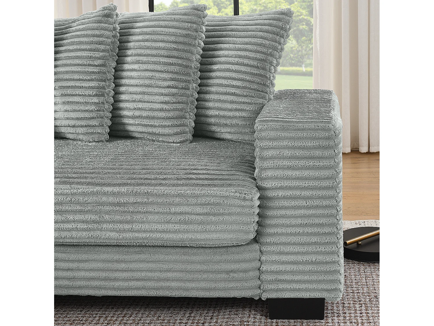 Canapé d'angle 256.5x133.5x89 cm, méridienne réversible, 6 coussins, pieds en plastique, velours côtelé gris