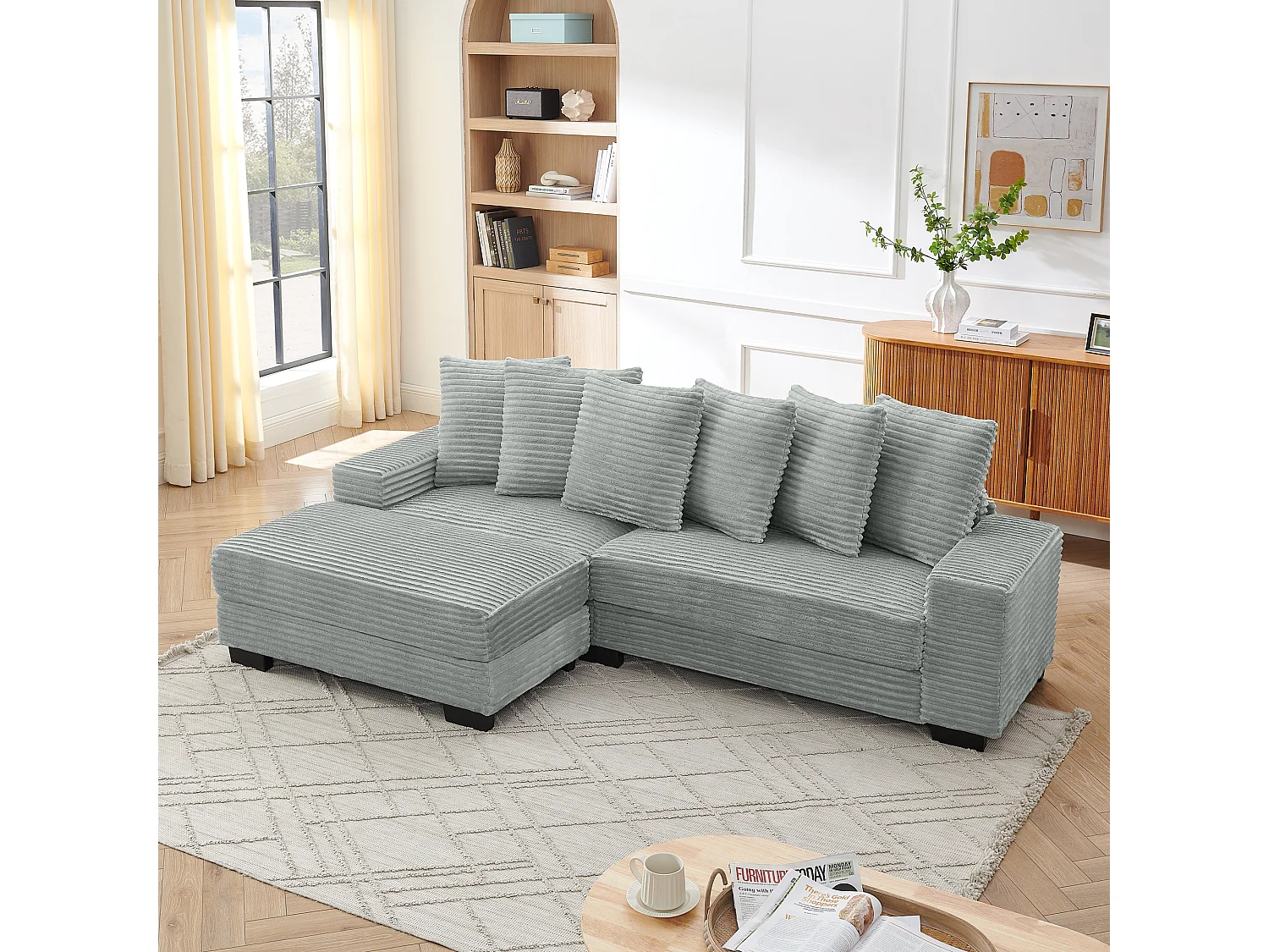 Canapé d'angle 256.5x133.5x89 cm, méridienne réversible, 6 coussins, pieds en plastique, velours côtelé gris