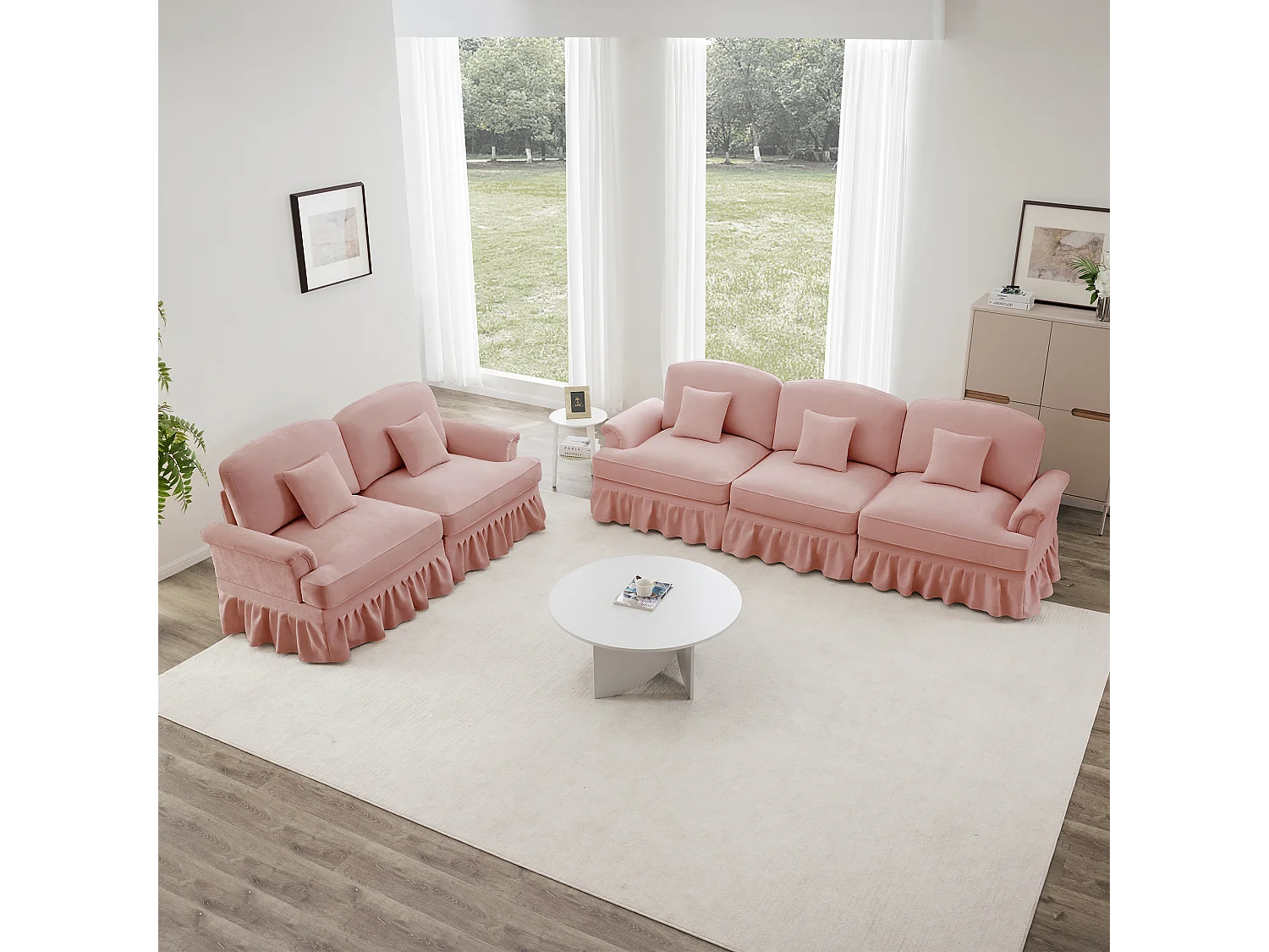 Canapé modulable ensemble salon contemporain fonction convertible Chenille pour petits espaces Rose