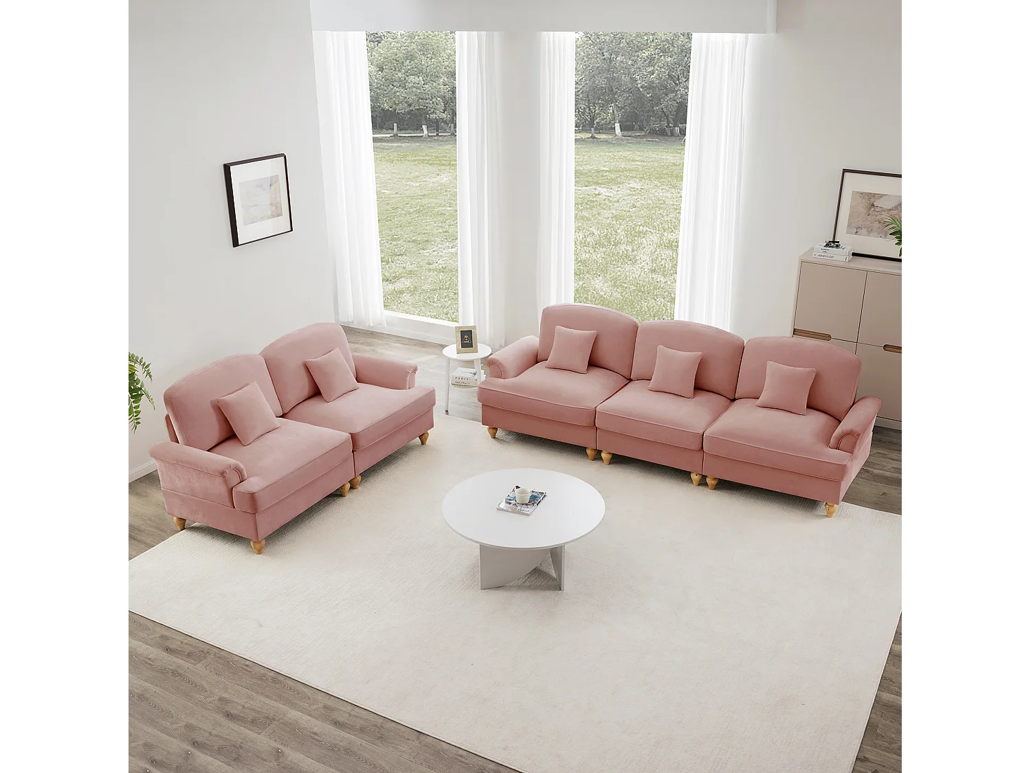 Canapé modulable ensemble salon contemporain fonction convertible Chenille pour petits espaces Rose