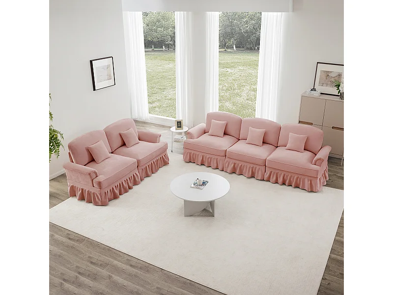 Canapé modulable ensemble salon contemporain fonction convertible Chenille pour petits espaces Rose