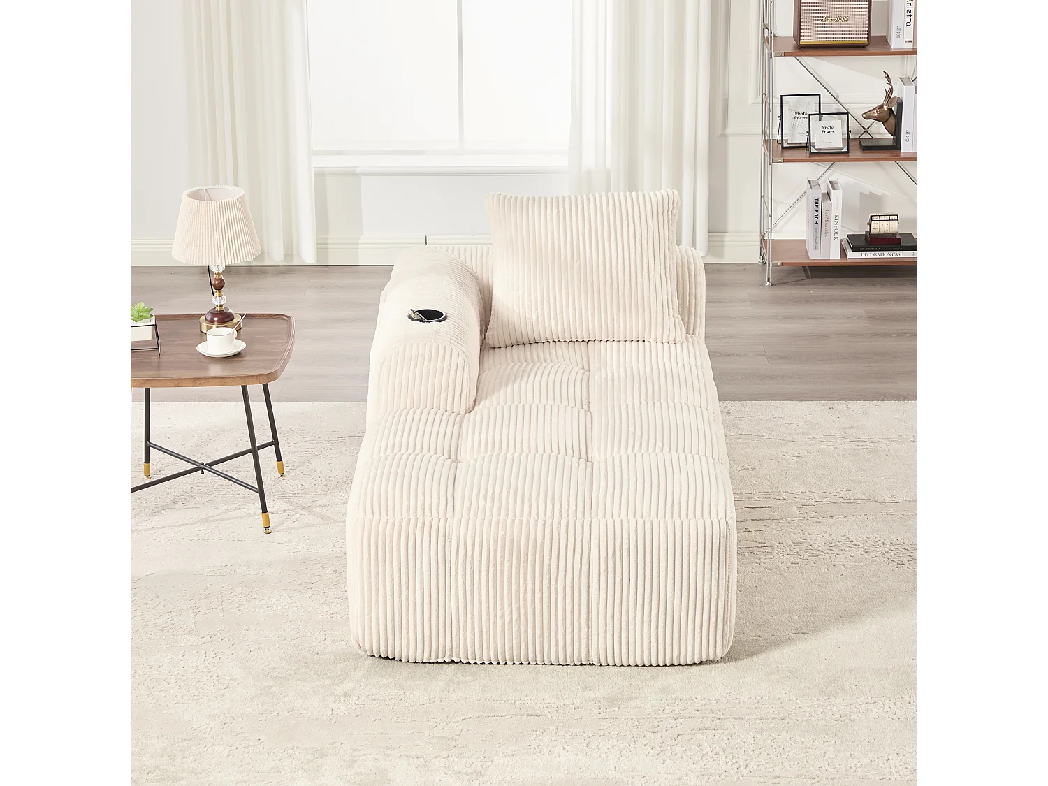 Canapé compact 158x93x61 cm, poches latérales et porte gobelets, corduroy beige