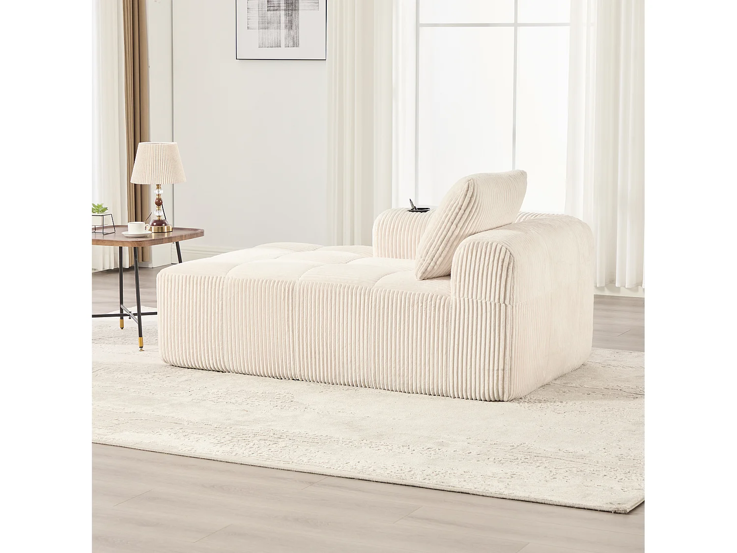 Canapé compact 158x93x61 cm, poches latérales et porte gobelets, corduroy beige