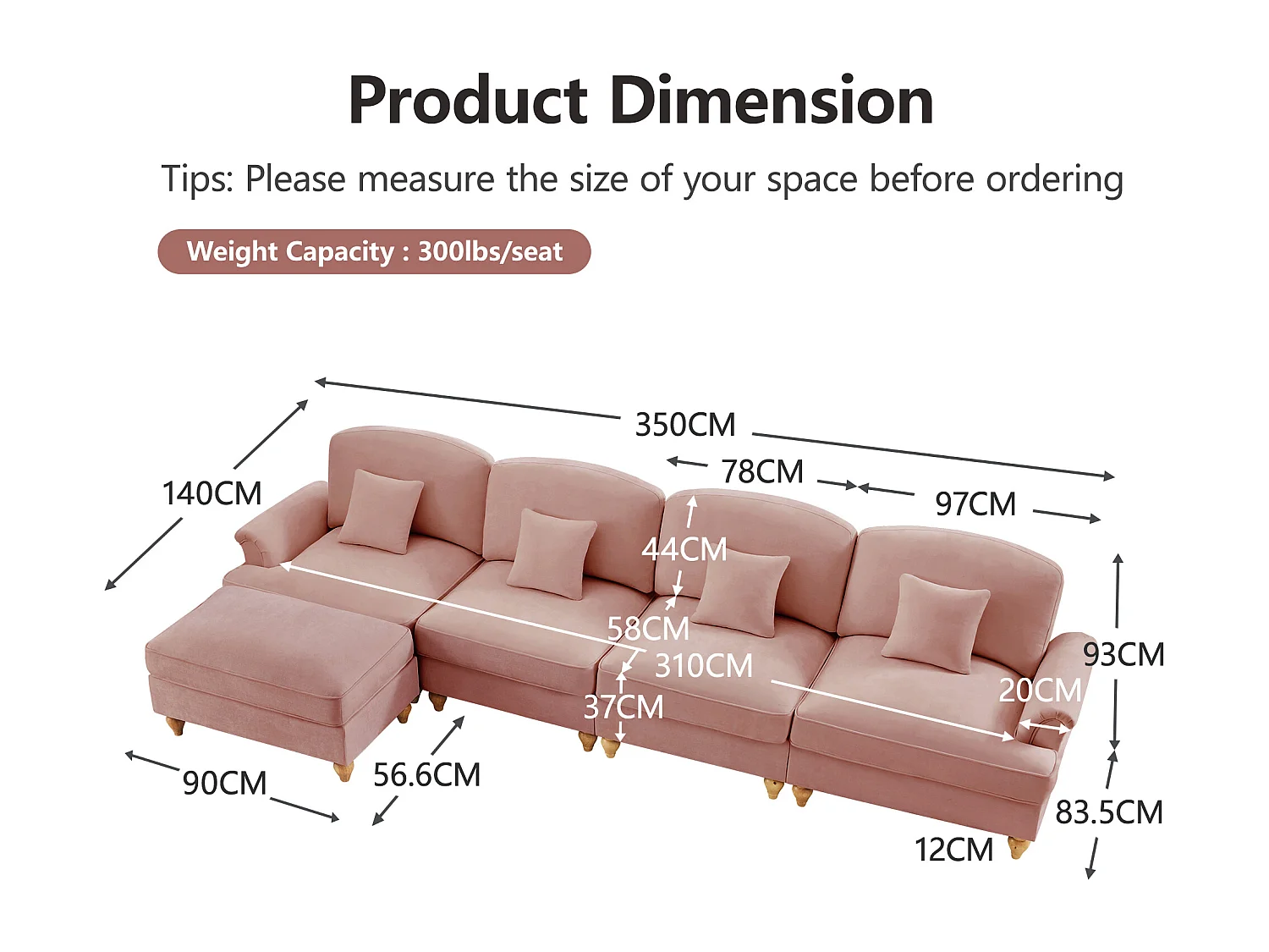 Canapé modulable Modulaire Transformable en chaise longue Pouf polyvalent Chenille Rose