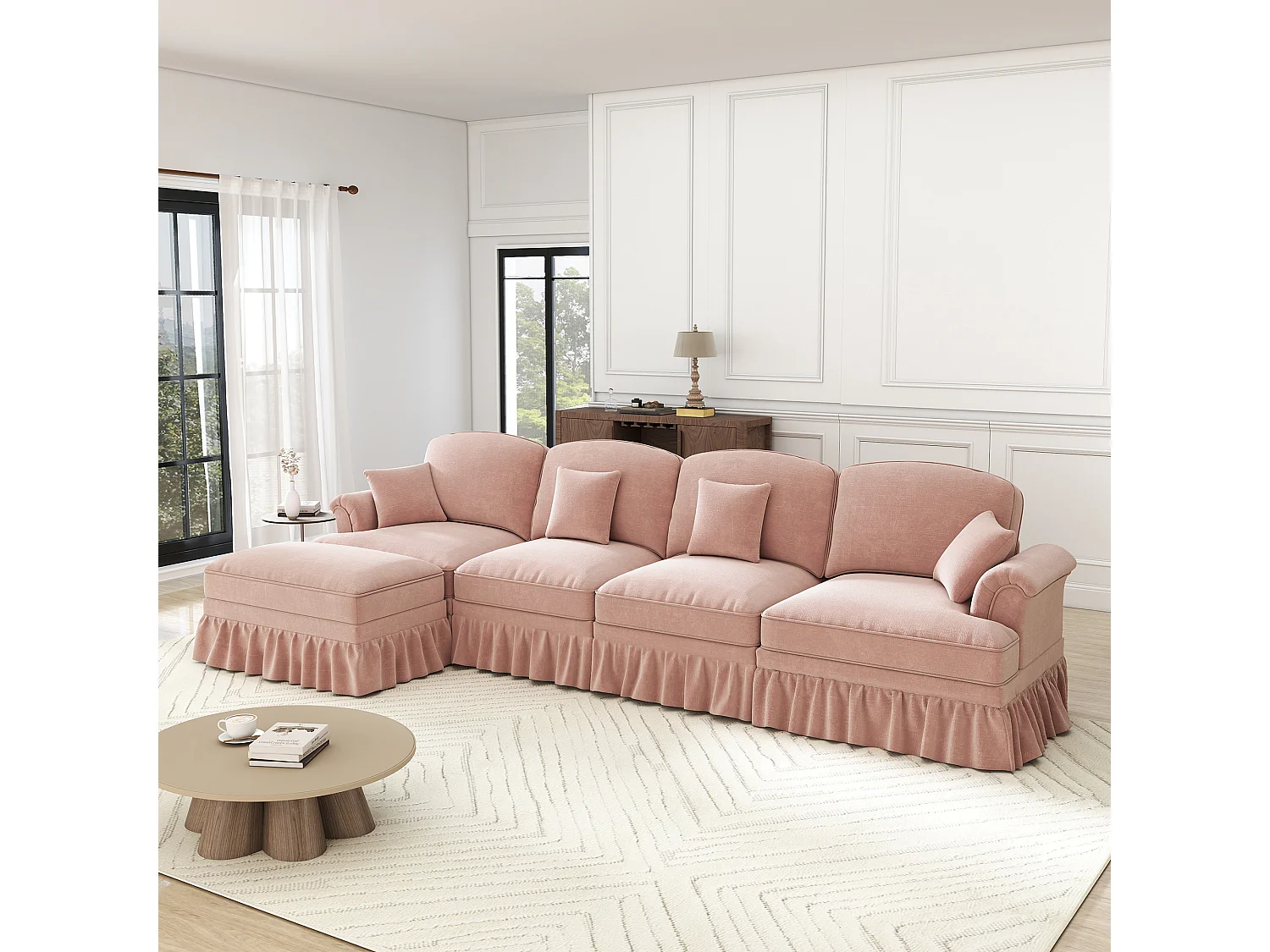 Canapé d'angle modulable, 2 styles avec jupe à volants amovible, chenille rose
