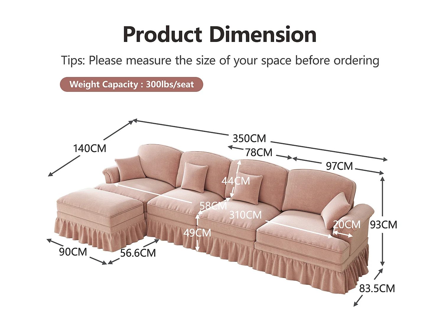 Canapé d'angle modulable, 2 styles avec jupe à volants amovible, chenille rose