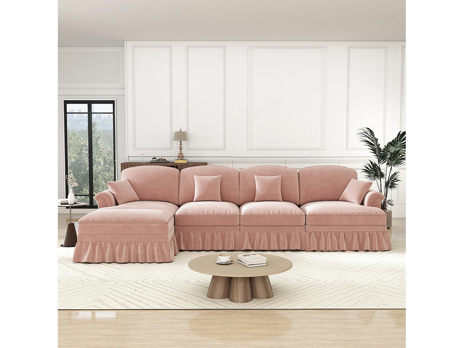 Canapé d'angle modulable, 2 styles avec jupe à volants amovible, chenille rose