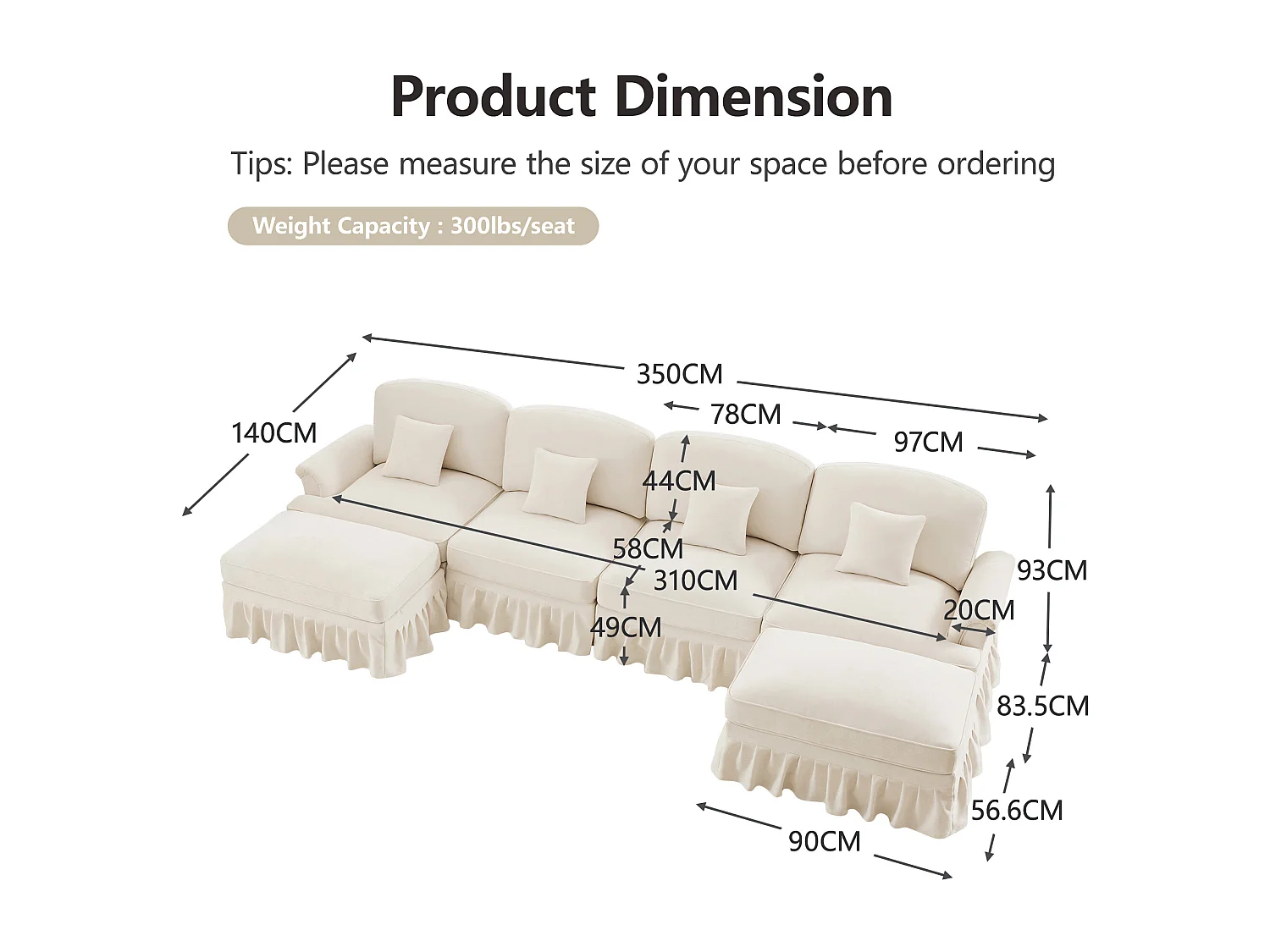 Sofa modulair 4 zitplaatsen zacht chenille wit