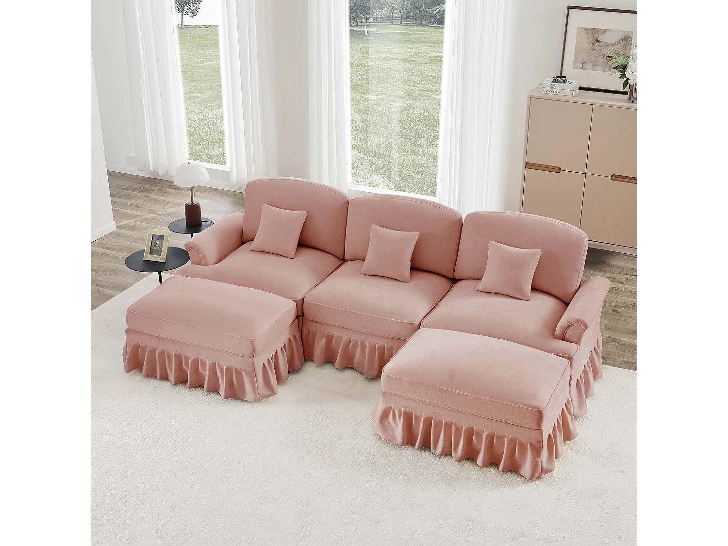 Canapé modulable U angle style contemporain relaxation chenille pour salon rose