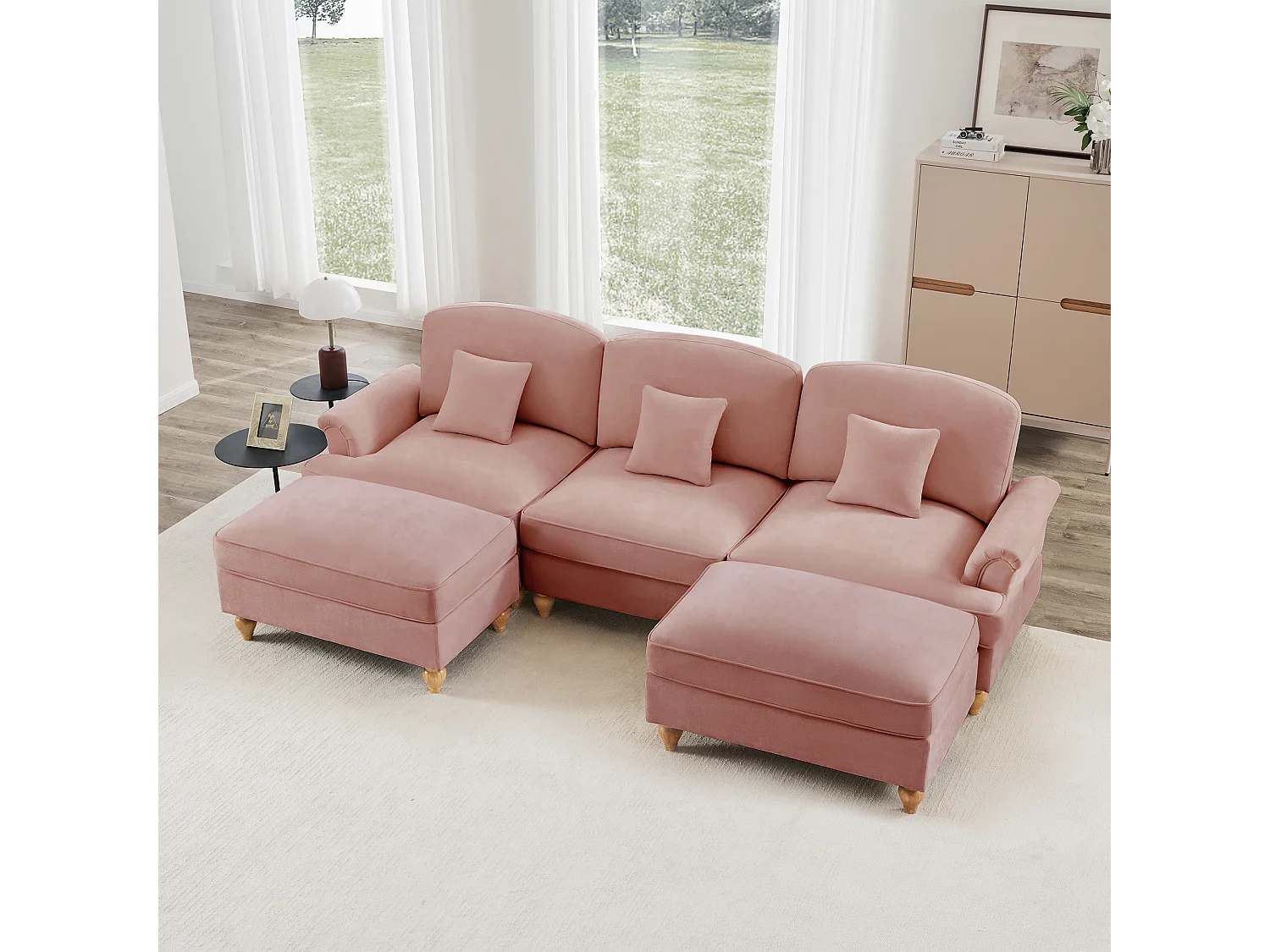 Canapé modulable U angle style contemporain relaxation chenille pour salon rose