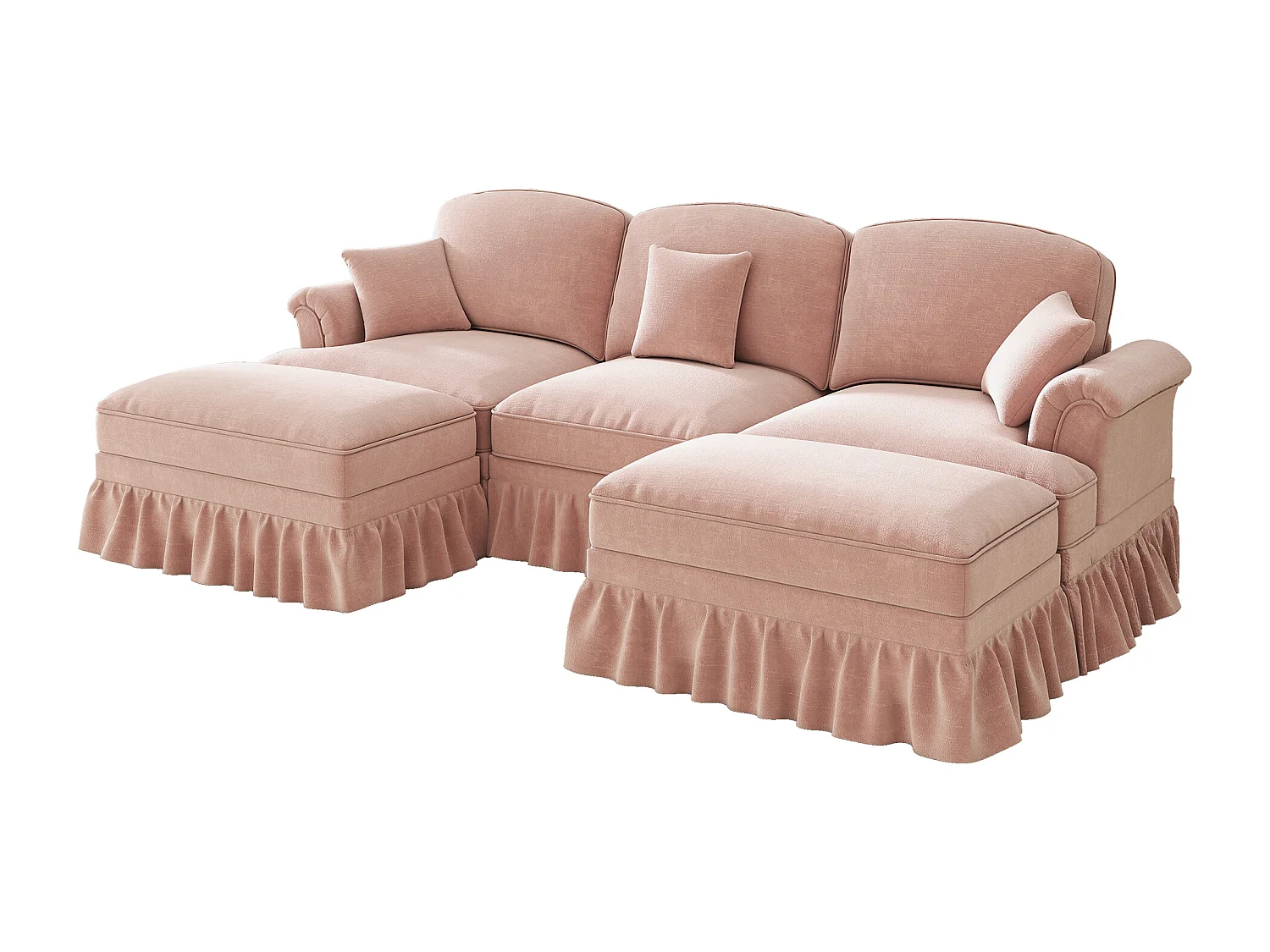 Canapé modulable, convertible en lit, dossier segmenté, jupe à volants amovible, chenille rose