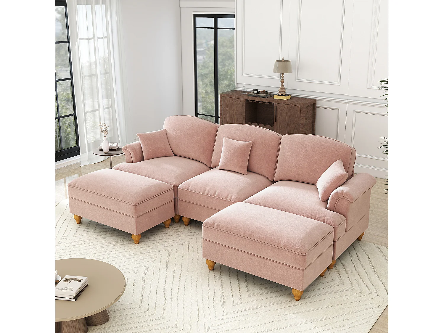 Canapé modulable, convertible en lit, dossier segmenté, jupe à volants amovible, chenille rose