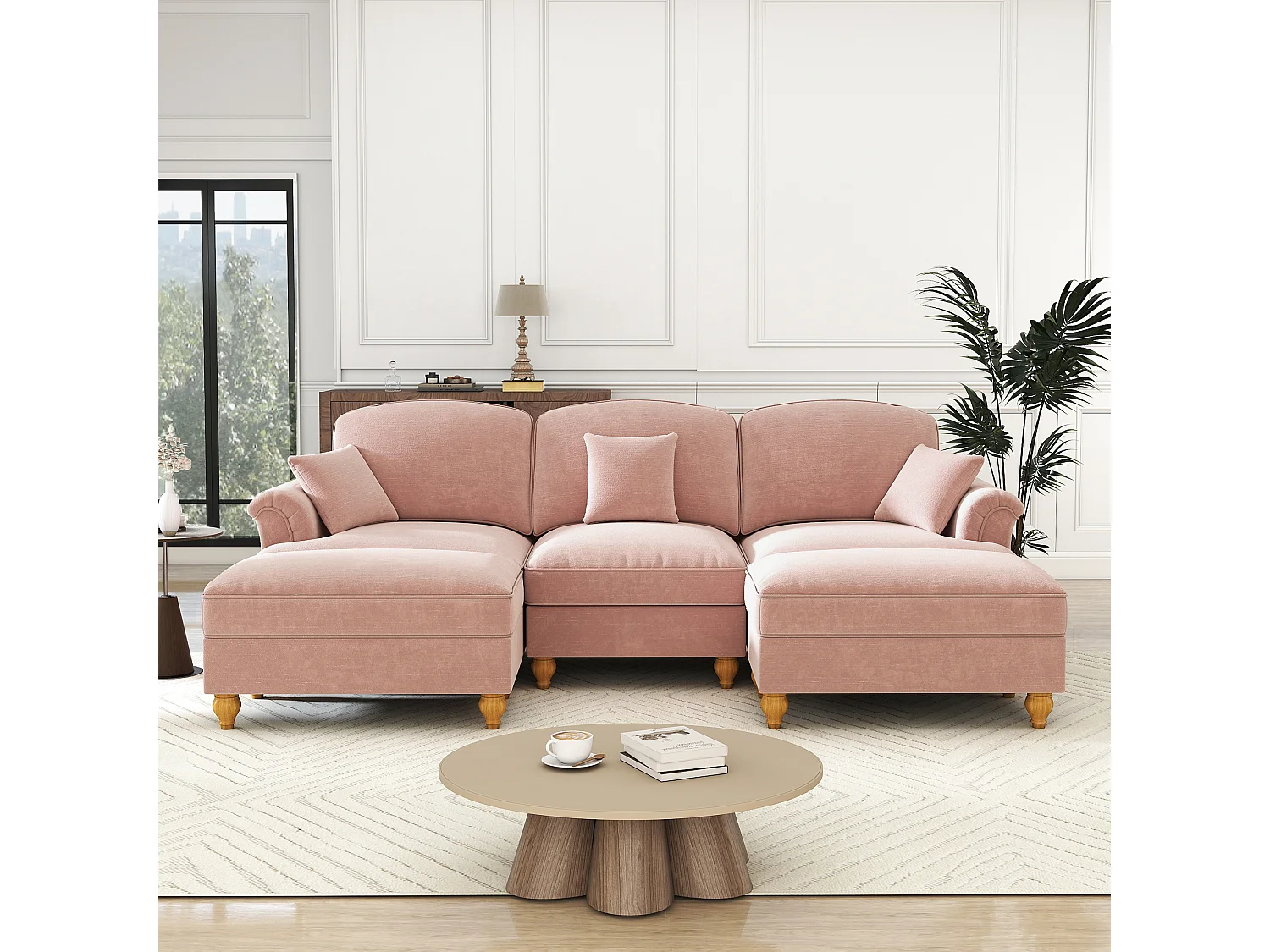 Canapé modulable, convertible en lit, dossier segmenté, jupe à volants amovible, chenille rose