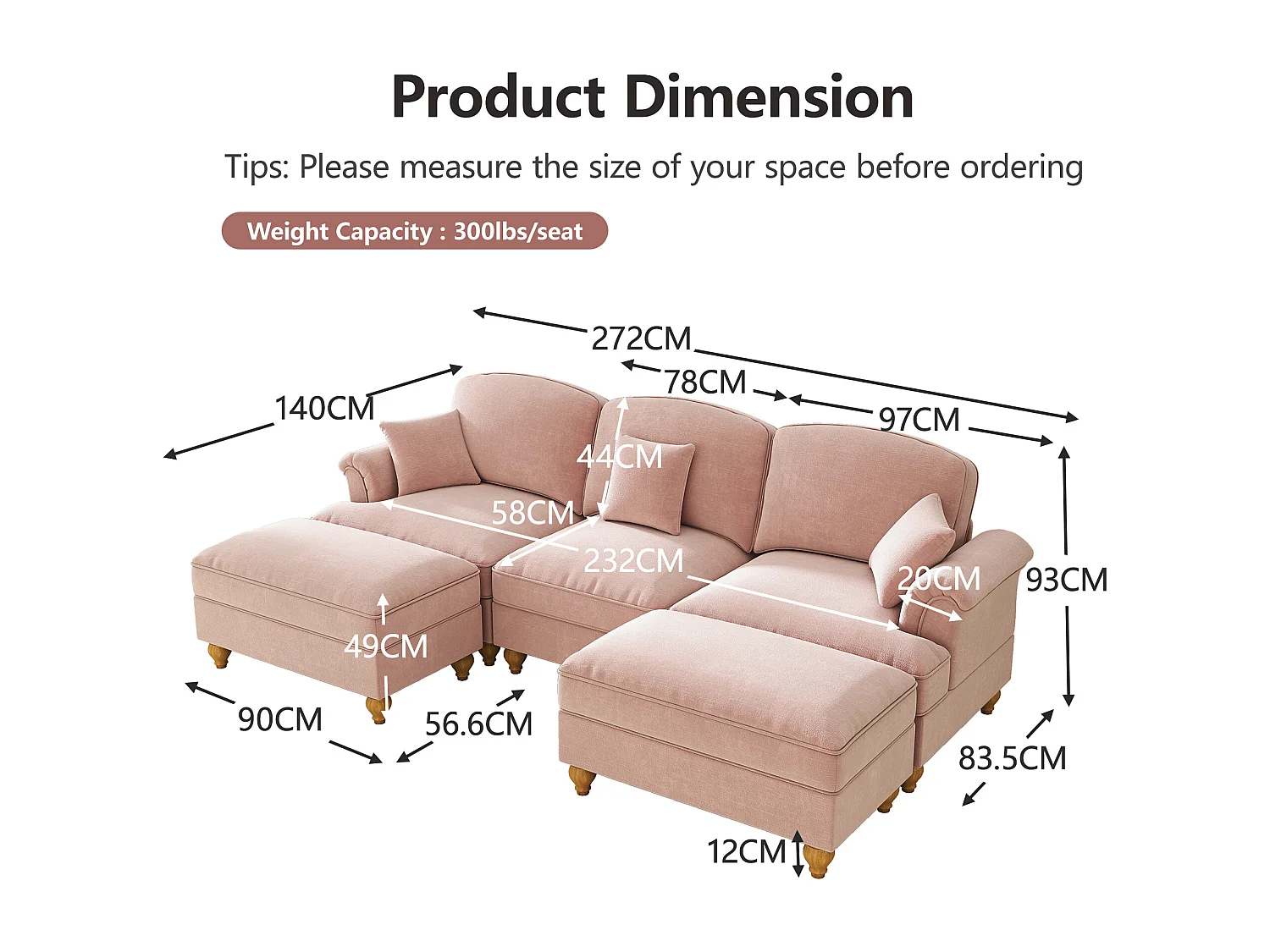 Canapé modulable, convertible en lit, dossier segmenté, jupe à volants amovible, chenille rose