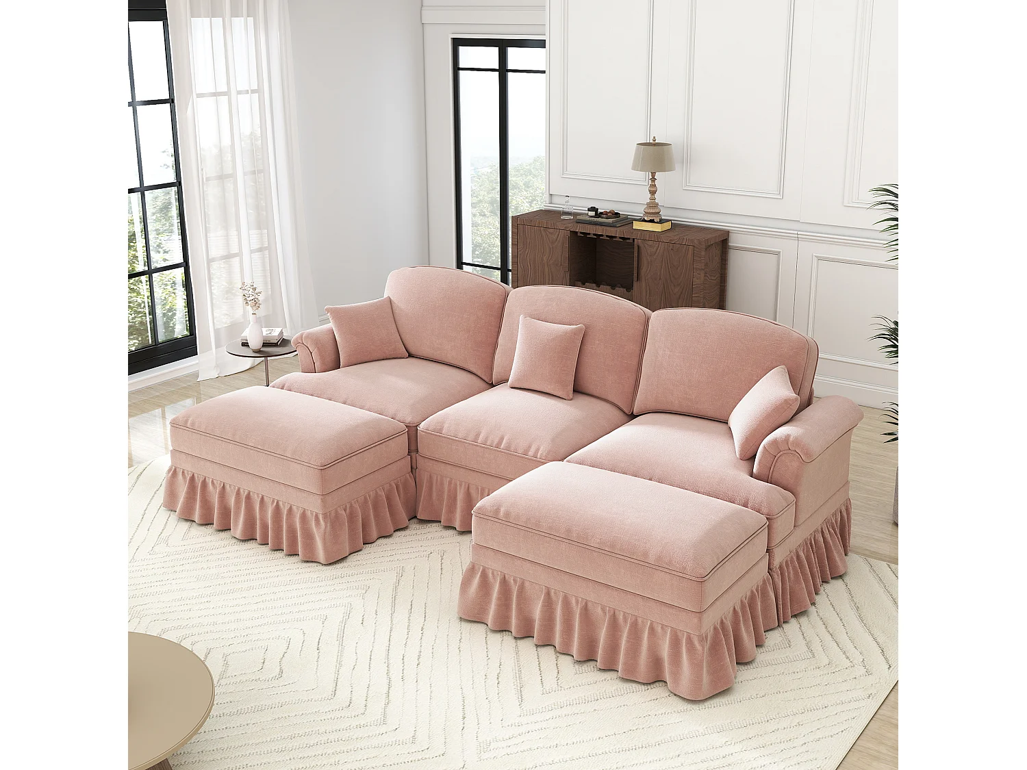 Canapé modulable, convertible en lit, dossier segmenté, jupe à volants amovible, chenille rose