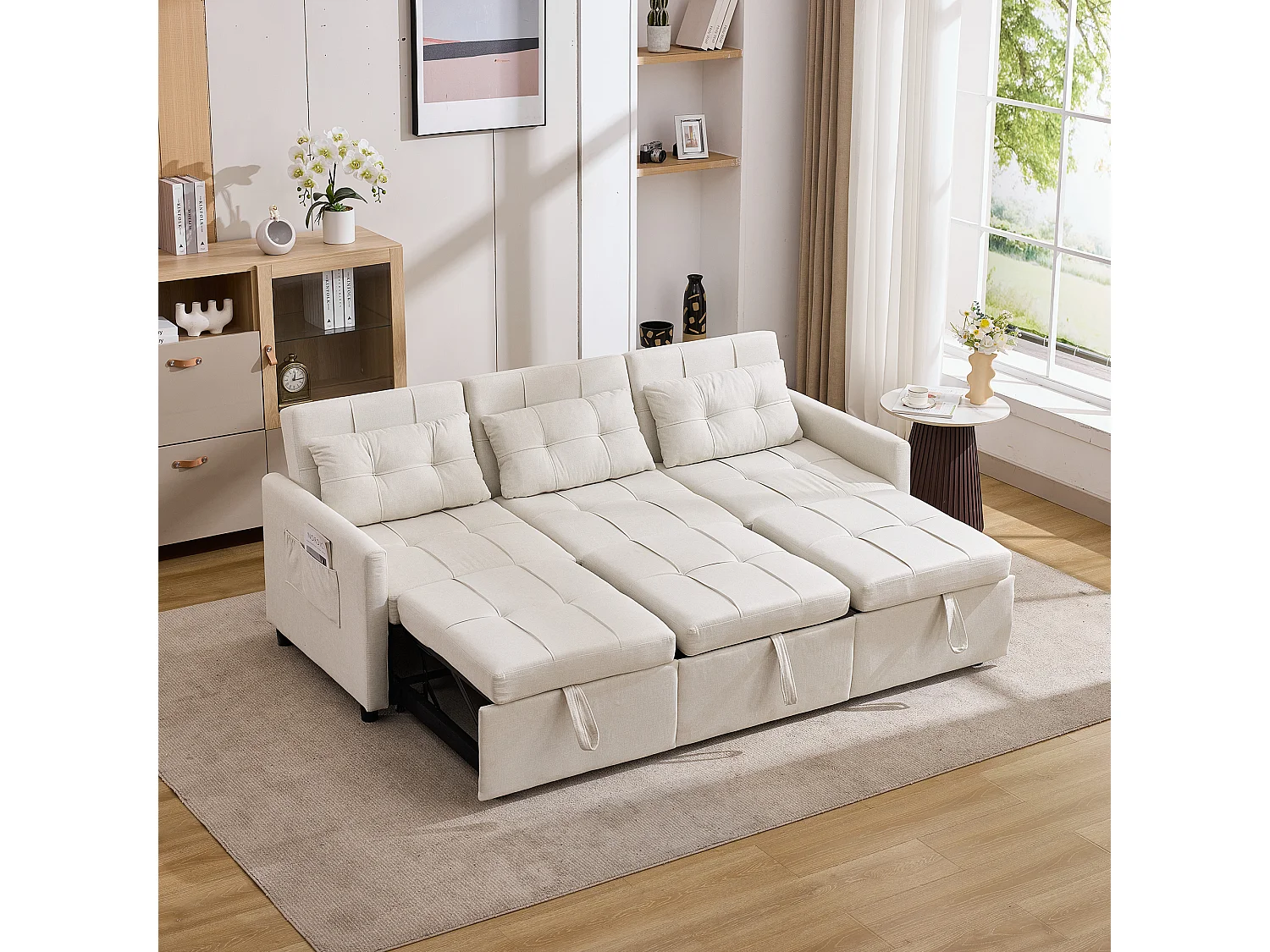 Canapé d'angle 3 places roulettes pour déplacement facile pliable pour invités tissu beige