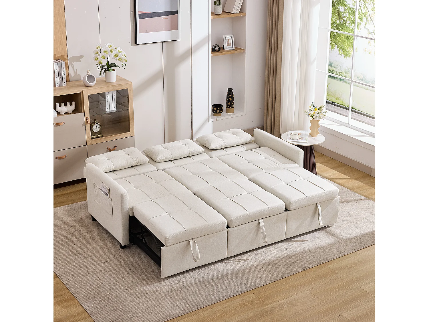 Canapé d'angle 3 places roulettes pour déplacement facile pliable pour invités tissu beige