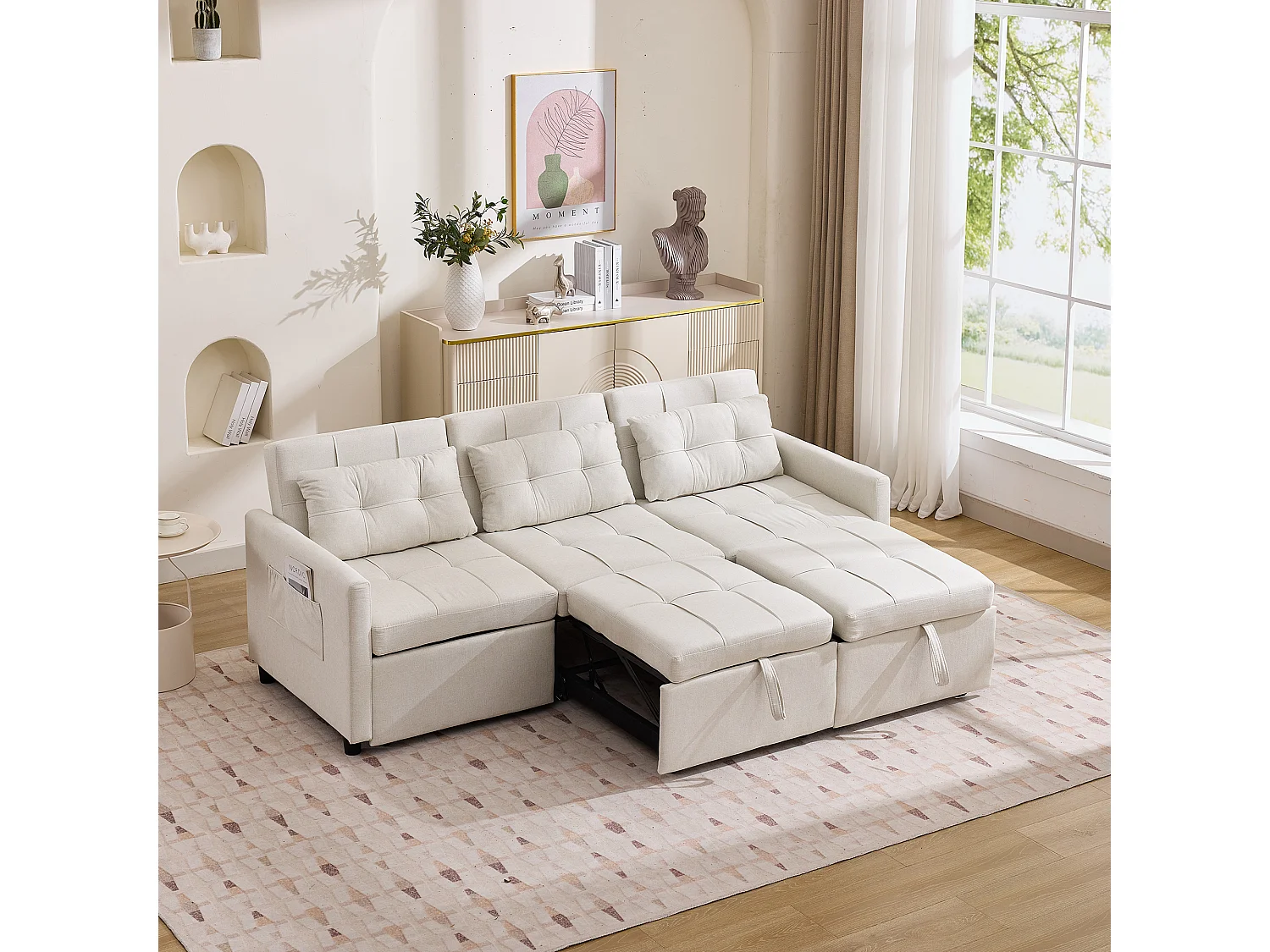 Canapé d'angle 3 places roulettes pour déplacement facile pliable pour invités tissu beige