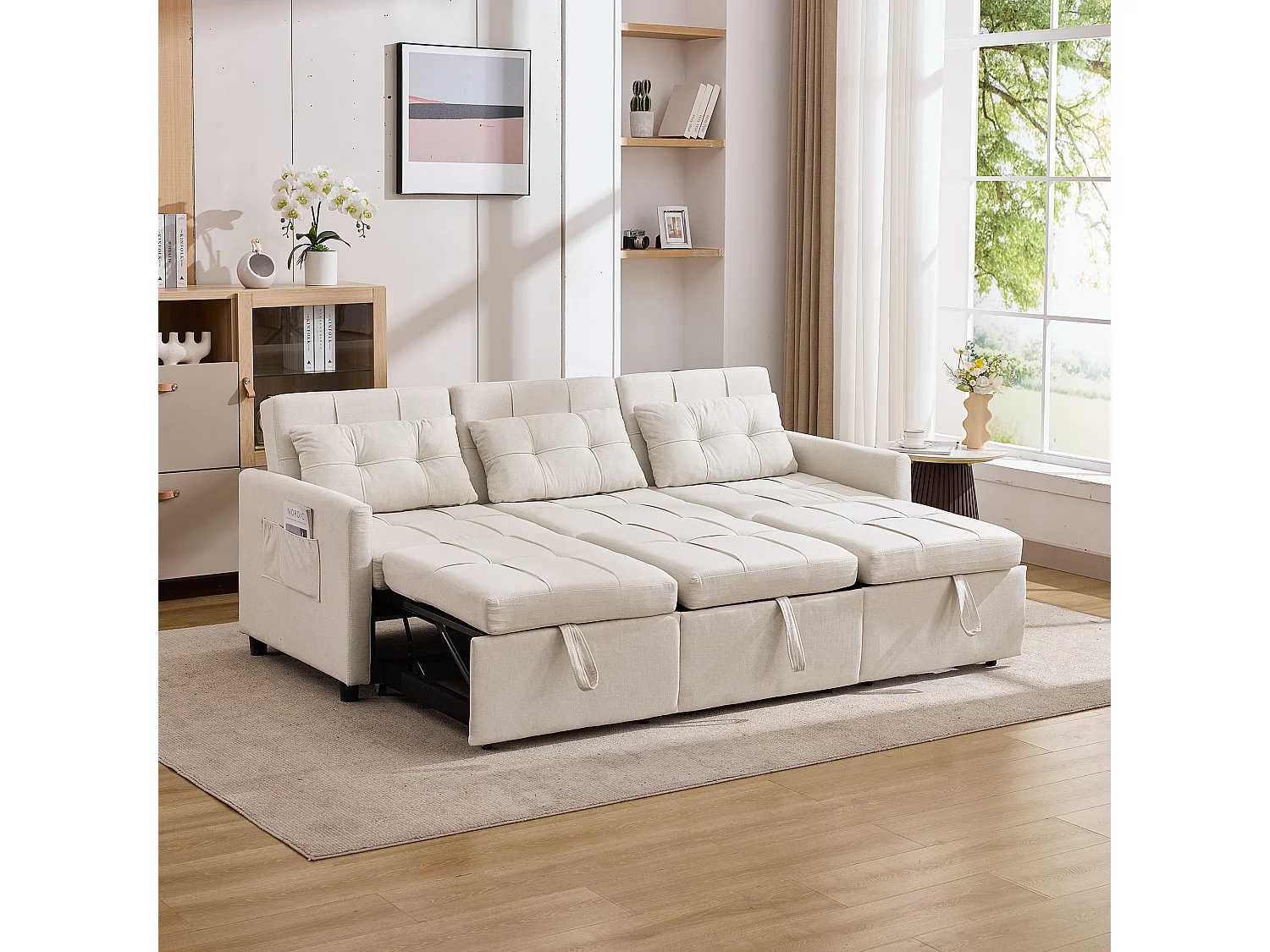 Canapé convertible 200x87x84.5 cm, dossier réglable 180°, 7 configurations, avec roulettes et poches latérales, tissu beige