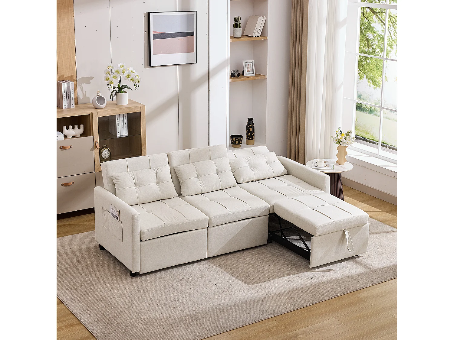 Canapé convertible 200x87x84.5 cm, dossier réglable 180°, 7 configurations, avec roulettes et poches latérales, tissu beige