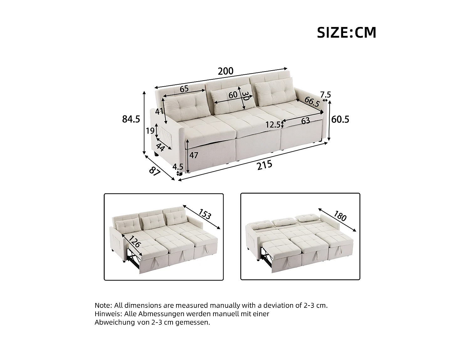 Canapé convertible 200x87x84.5 cm, dossier réglable 180°, 7 configurations, avec roulettes et poches latérales, tissu beige