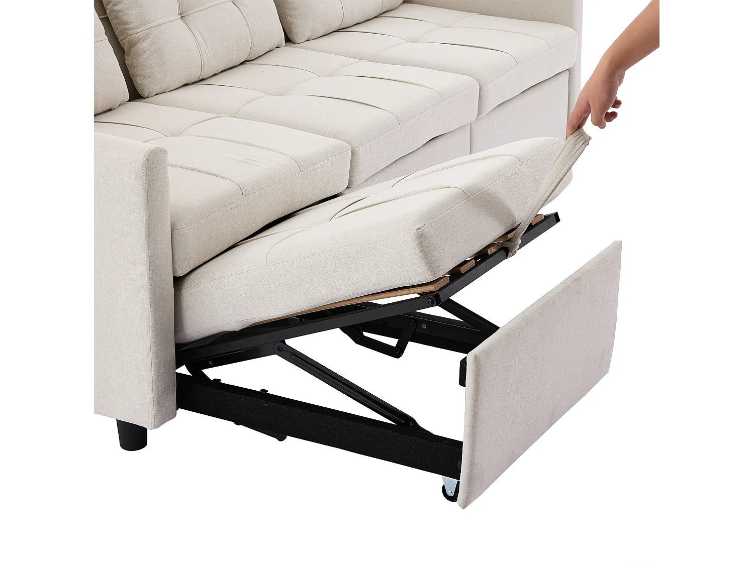 Canapé convertible 200x87x84.5 cm, dossier réglable 180°, 7 configurations, avec roulettes et poches latérales, tissu beige
