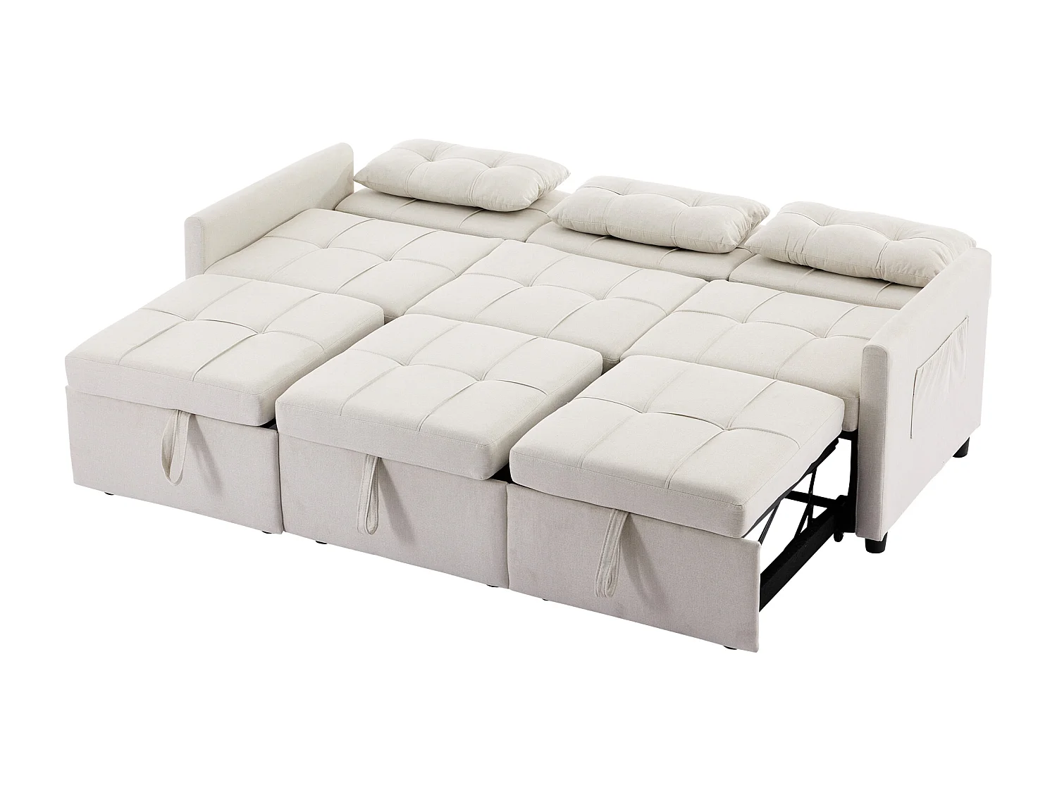 Canapé convertible 200x87x84.5 cm, dossier réglable 180°, 7 configurations, avec roulettes et poches latérales, tissu beige