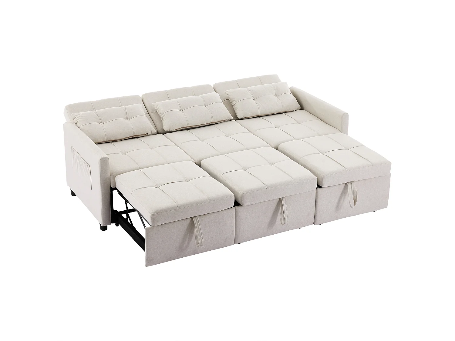 Canapé convertible 200x87x84.5 cm, dossier réglable 180°, 7 configurations, avec roulettes et poches latérales, tissu beige