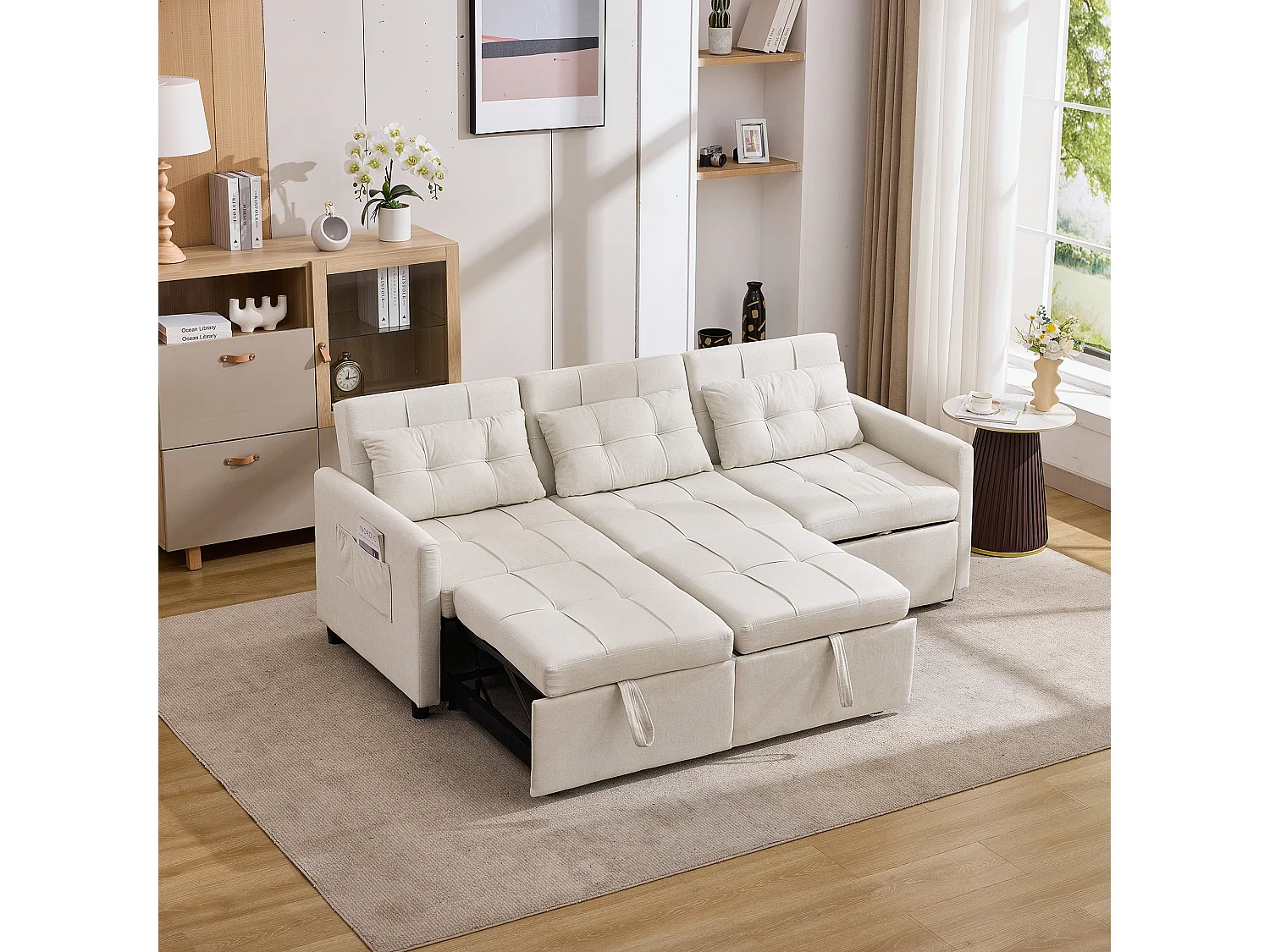 Canapé convertible 200x87x84.5 cm, dossier réglable 180°, 7 configurations, avec roulettes et poches latérales, tissu beige