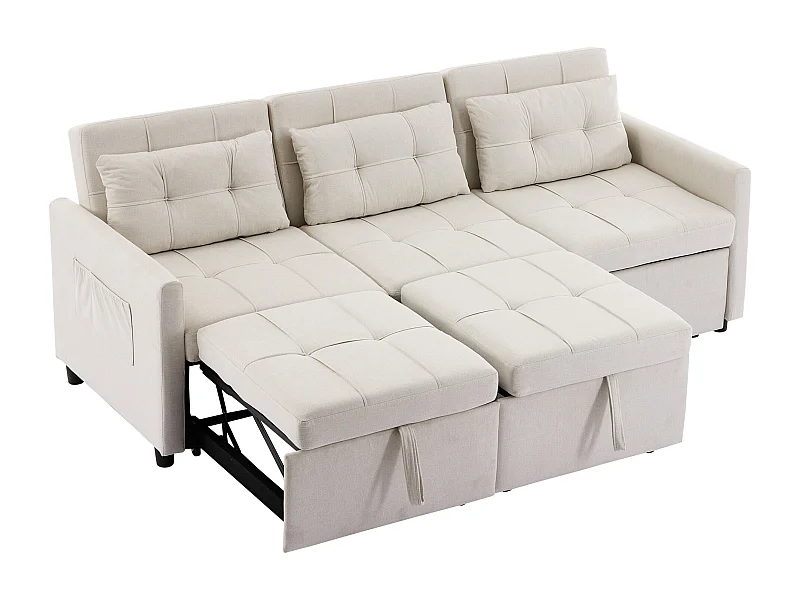 Canapé convertible 200x87x84.5 cm, dossier réglable 180°, 7 configurations, avec roulettes et poches latérales, tissu beige