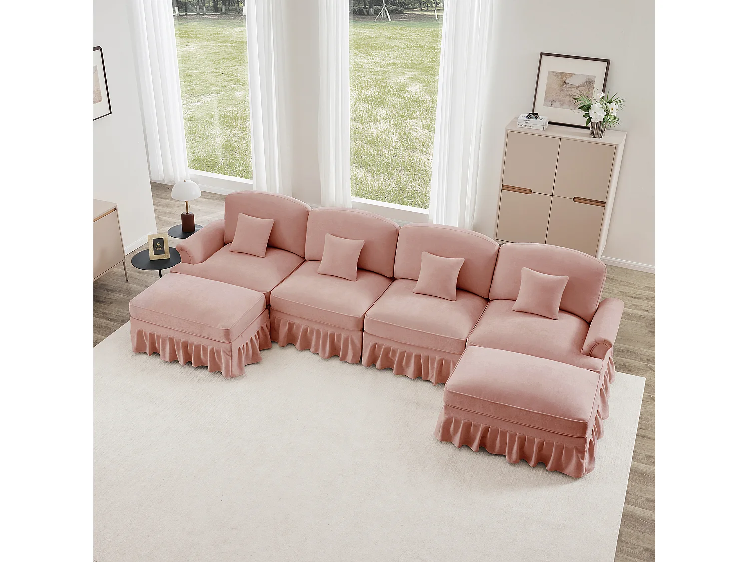Canapé modulable 4 places angle convertible pouf mobile chenille rose