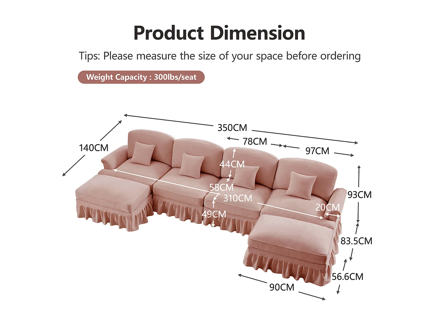 Canapé modulable 4 places angle convertible pouf mobile chenille rose