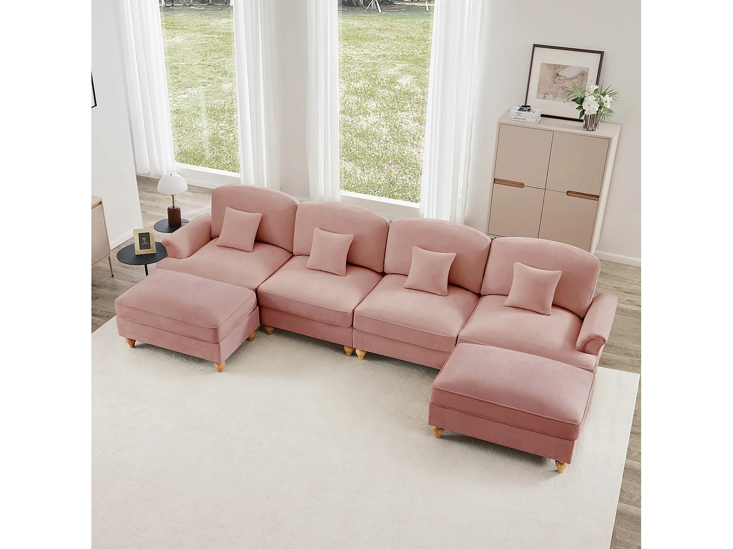 Canapé modulable 4 places angle convertible pouf mobile chenille rose