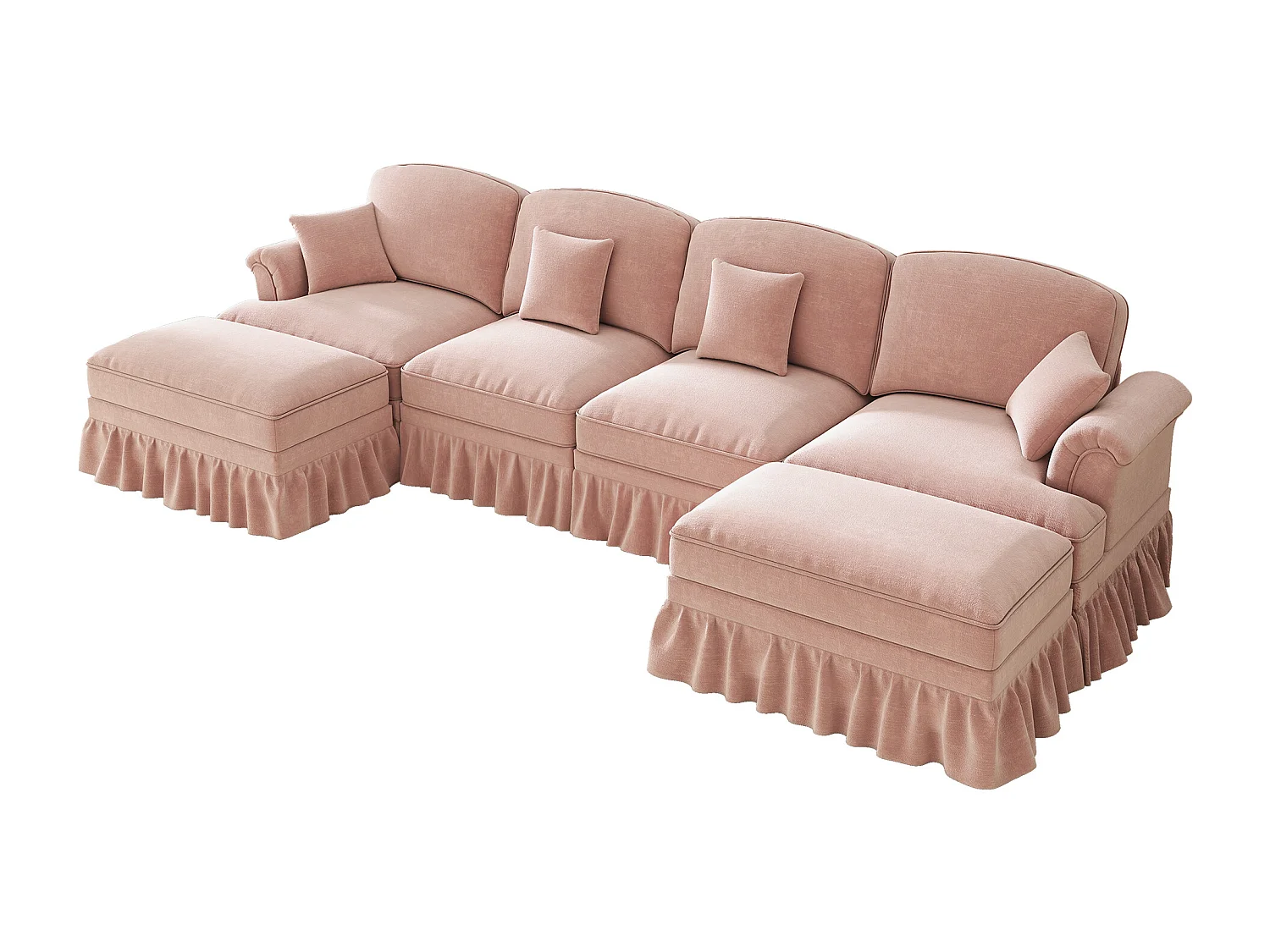 Canapé d'angle modulable avec pouf, housse à volants amovible, chenille rose