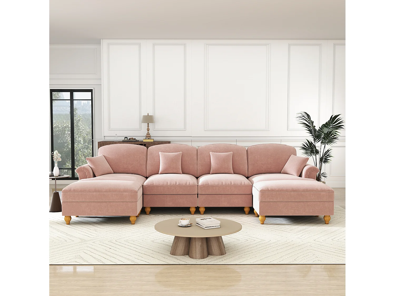 Canapé d'angle modulable avec pouf, housse à volants amovible, chenille rose