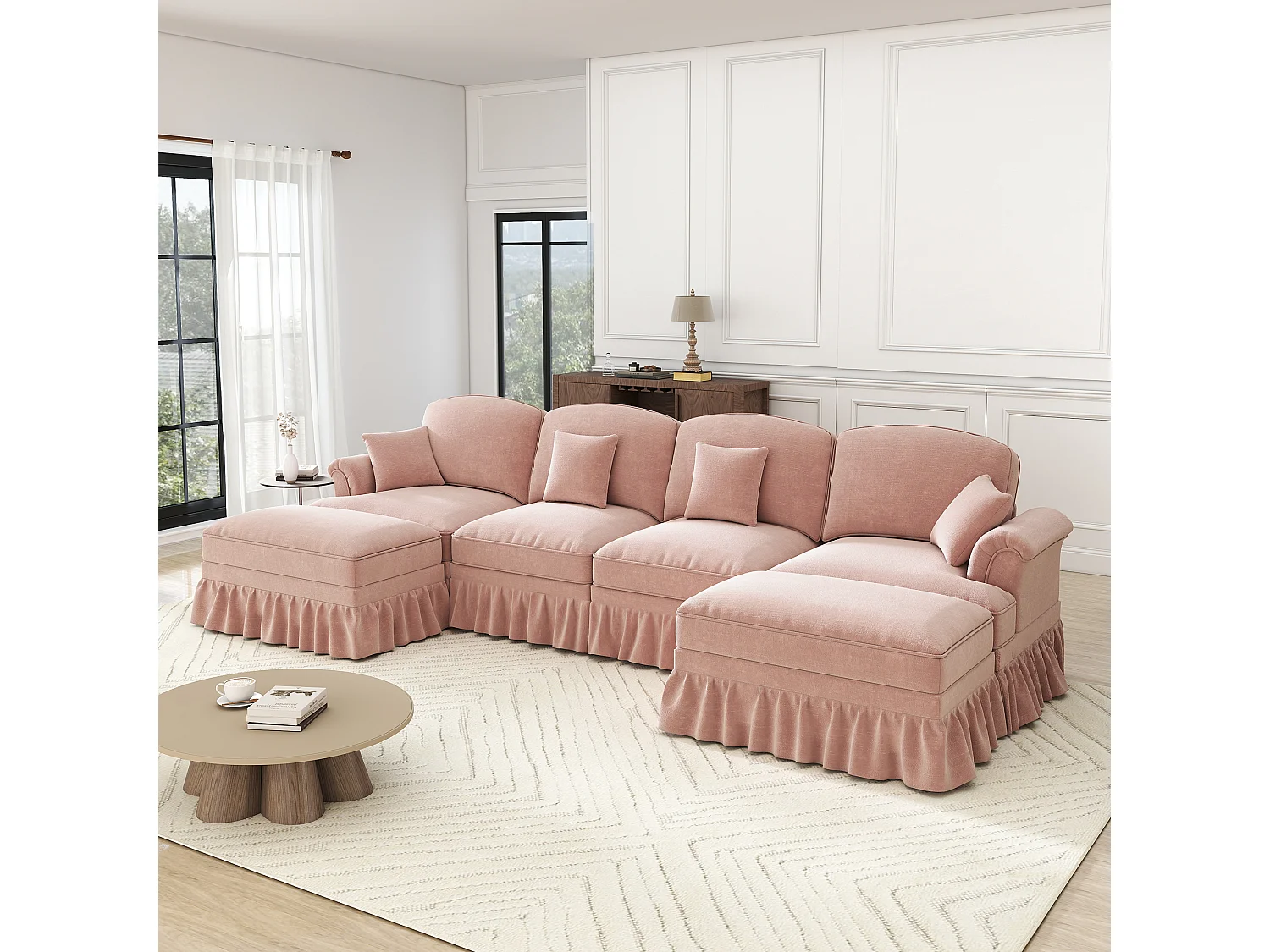 Canapé d'angle modulable avec pouf, housse à volants amovible, chenille rose