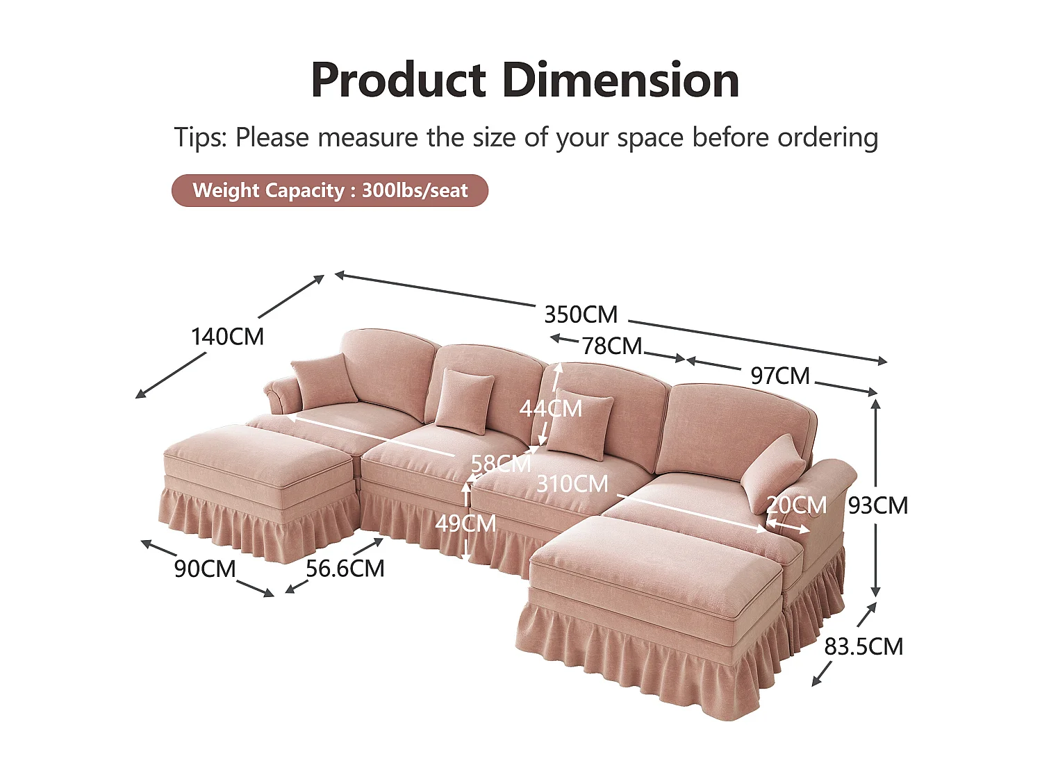 Canapé d'angle modulable avec pouf, housse à volants amovible, chenille rose