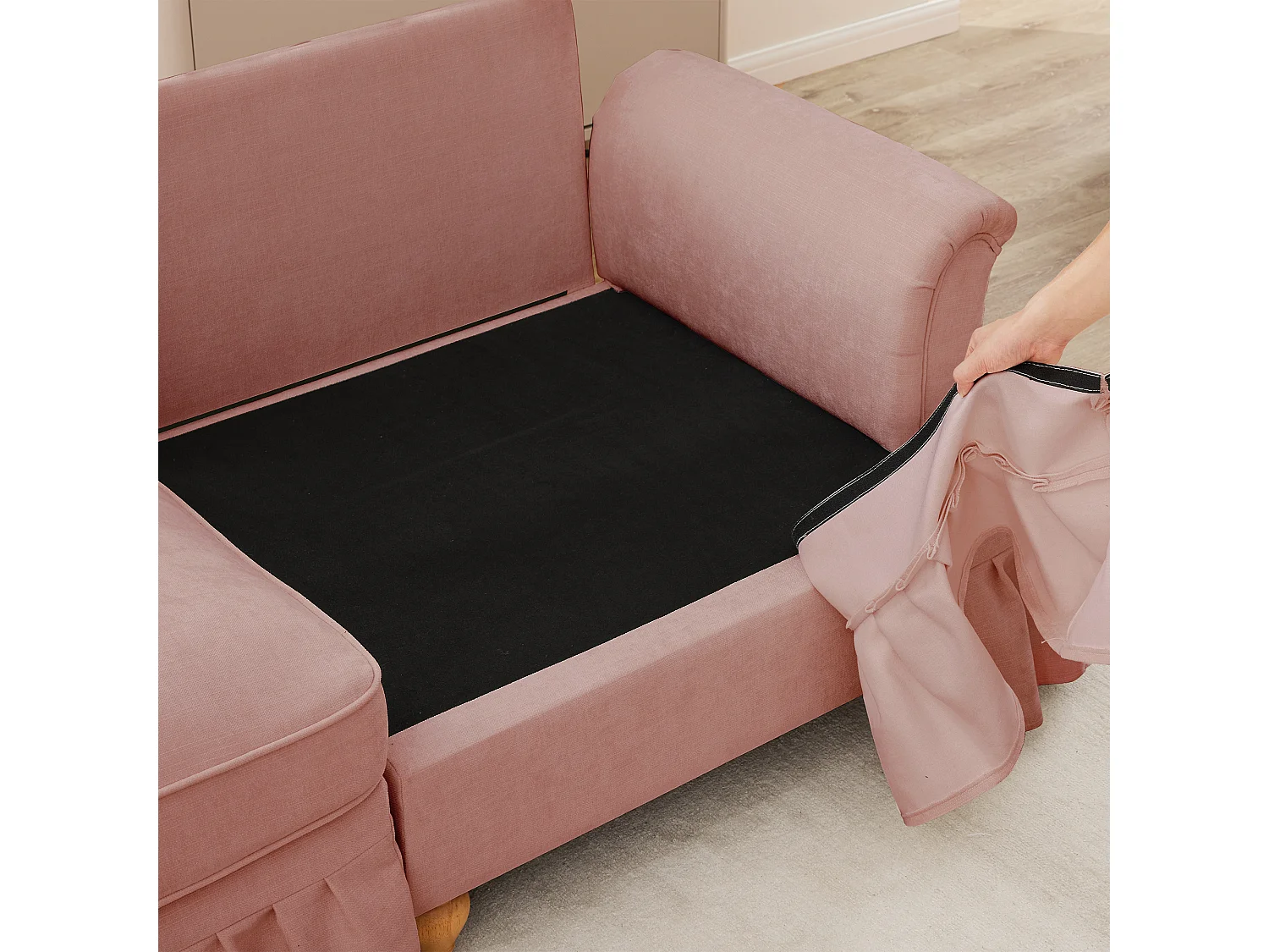Canapé d'angle modulable avec pouf, housse à volants amovible, chenille rose