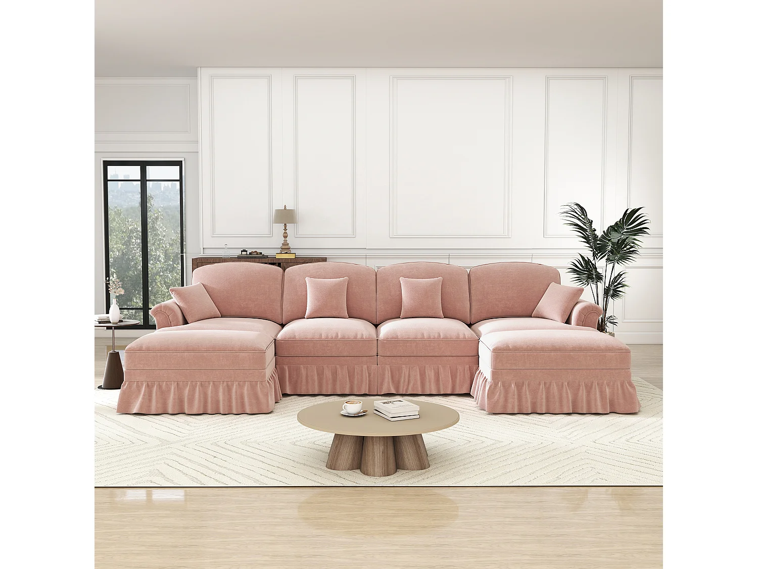 Canapé d'angle modulable avec pouf, housse à volants amovible, chenille rose