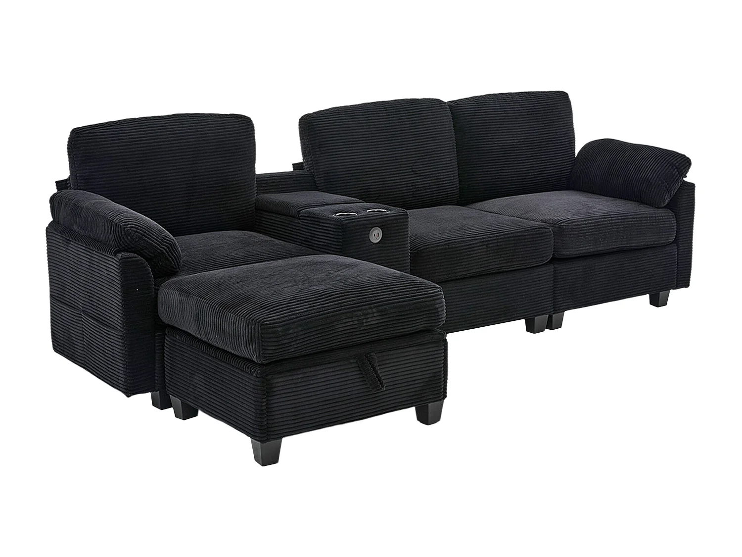 Canapé 266x136x82cm contemporain multifonction, structure robuste velours côtelé pour salon noir