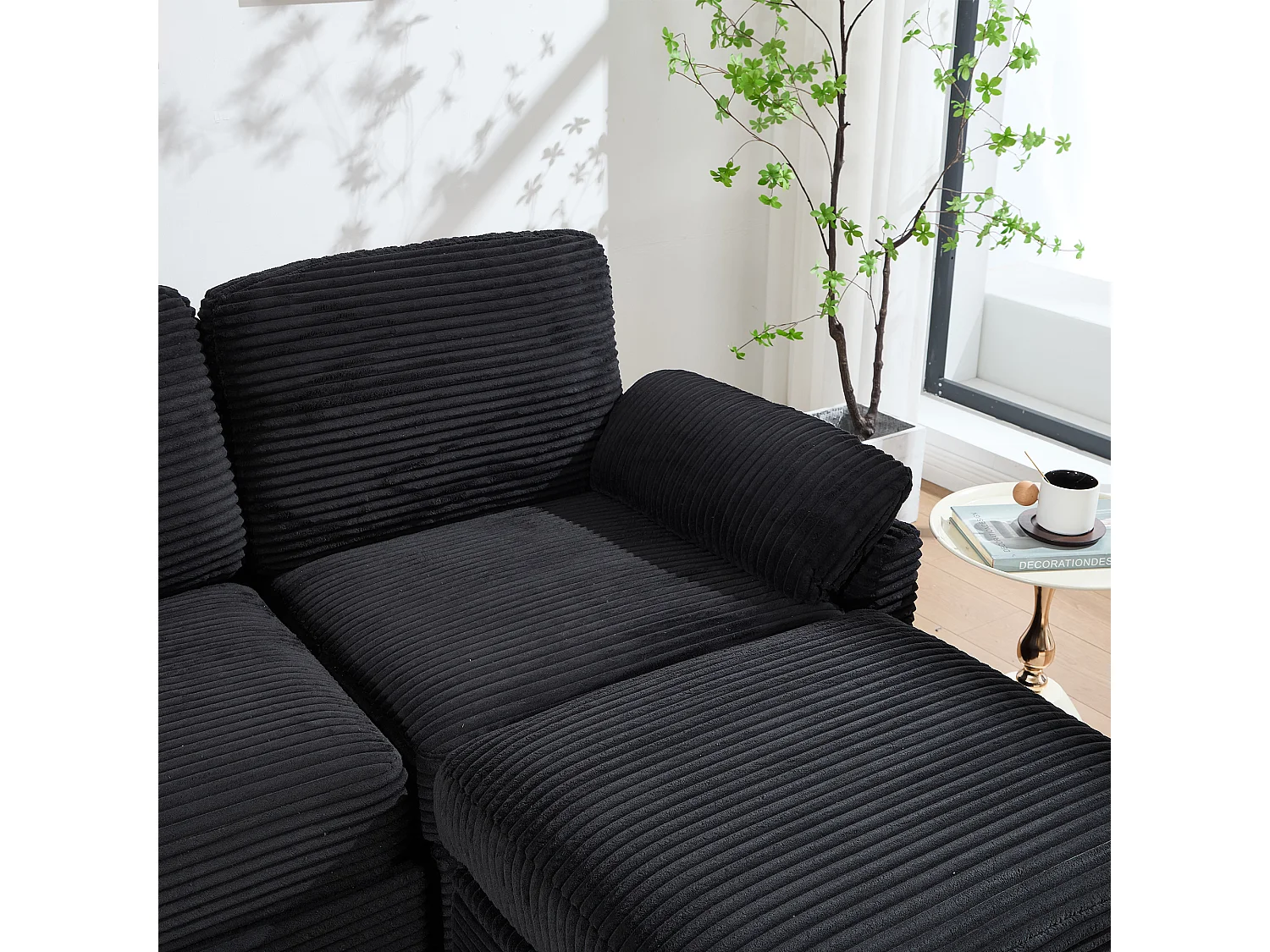 Canapé 266x136x82cm contemporain multifonction, structure robuste velours côtelé pour salon noir