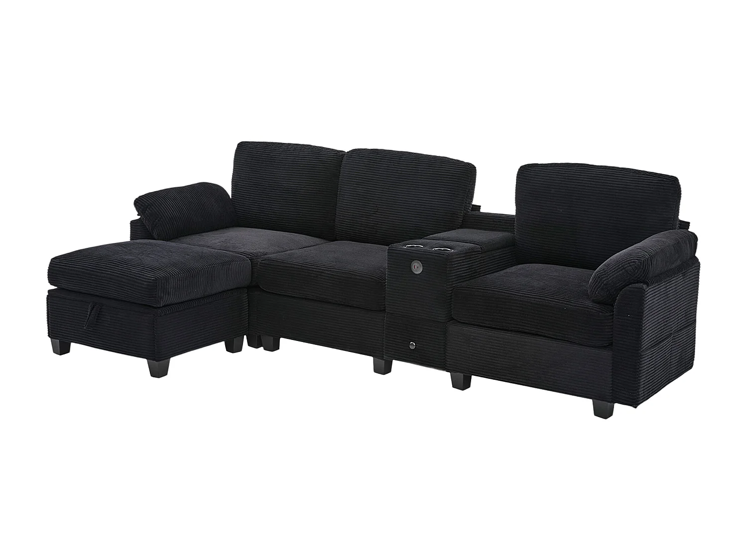 Canapé 266x136x82 cm, mousse à mémoire de forme, console centrale coulissante avec USB-C, velours côtelé noir