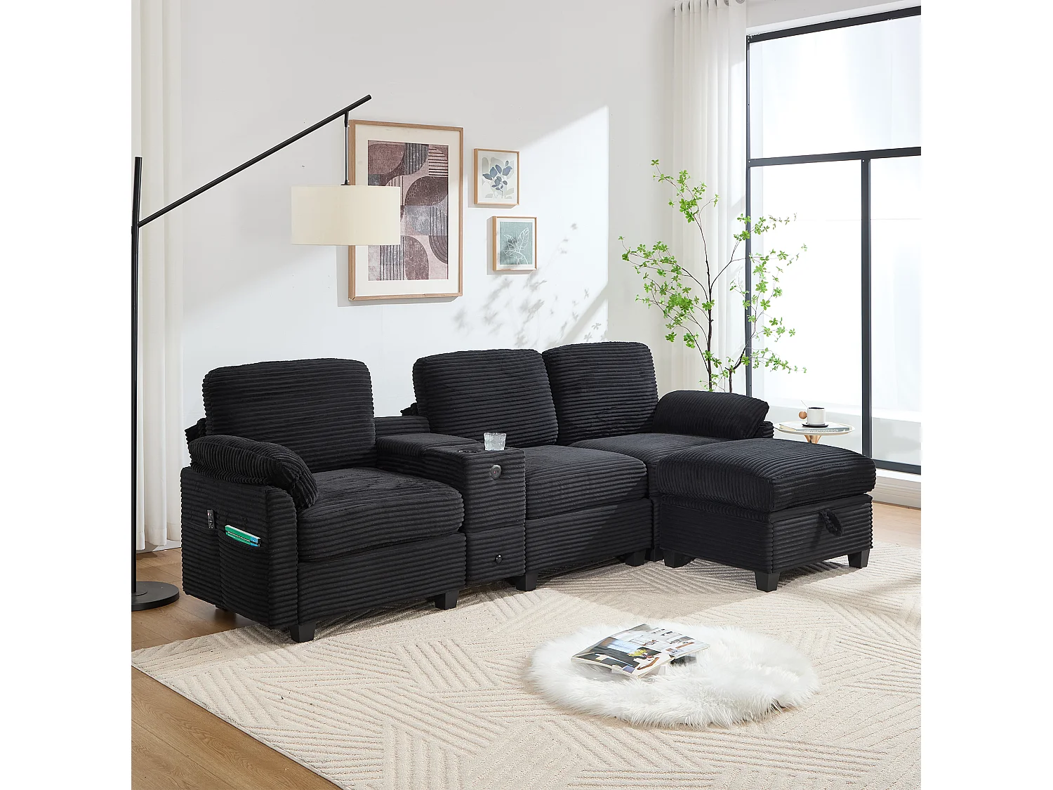 Canapé 266x136x82 cm, mousse à mémoire de forme, console centrale coulissante avec USB-C, velours côtelé noir