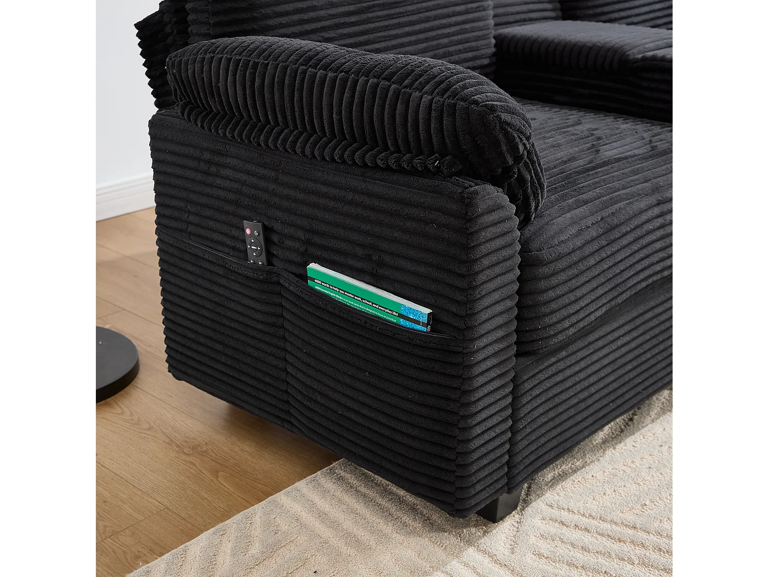 Canapé 266x136x82 cm, mousse à mémoire de forme, console centrale coulissante avec USB-C, velours côtelé noir