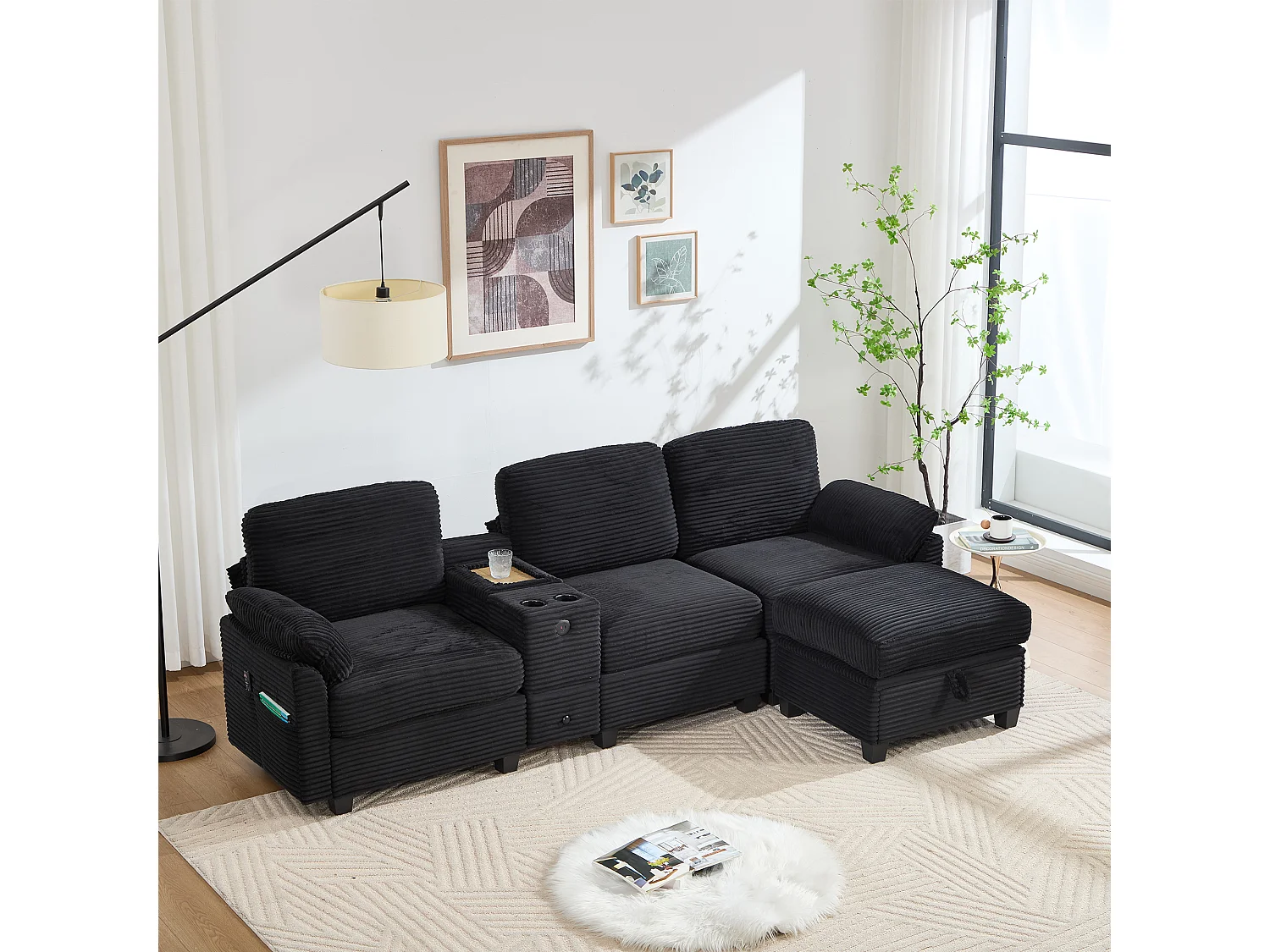 Canapé 266x136x82 cm, mousse à mémoire de forme, console centrale coulissante avec USB-C, velours côtelé noir