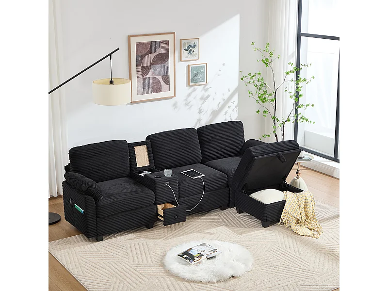 Canapé 266x136x82cm contemporain multifonction, structure robuste velours côtelé pour salon noir