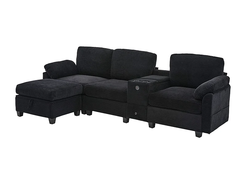 Canapé 266x136x82 cm, mousse à mémoire de forme, console centrale coulissante avec USB-C, velours côtelé noir