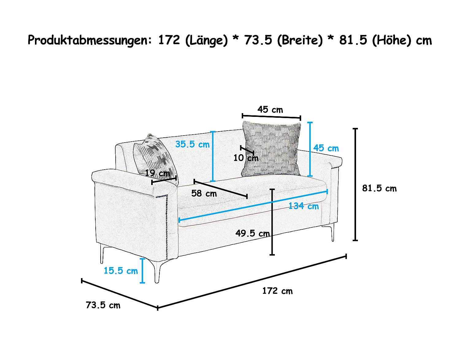 Canapé 2 places 172x72x82cm Canapé scandinave Design minimaliste Confort durable Bois massif Salon Noir