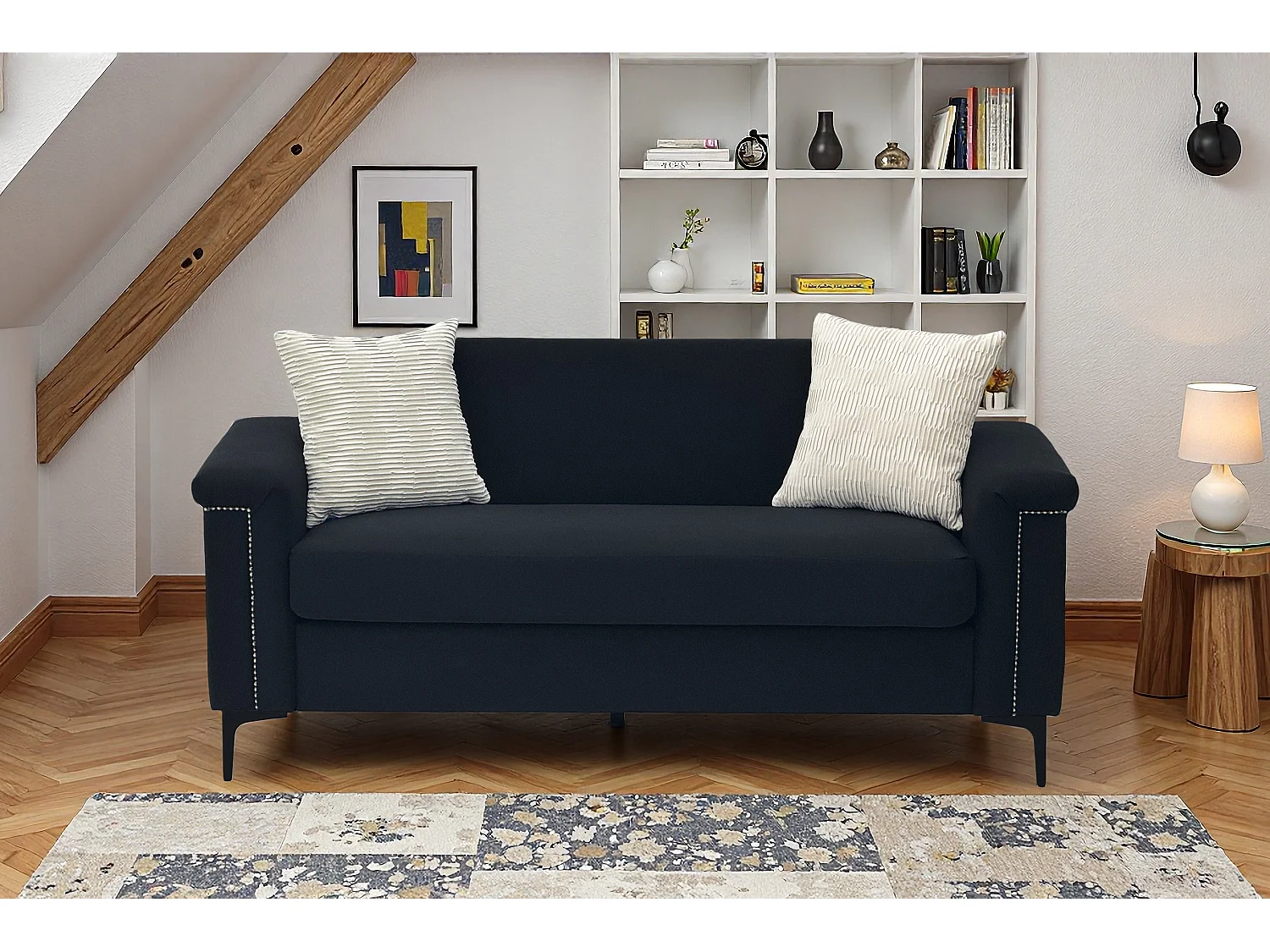 Canapé 2 places 172x72x82cm Canapé scandinave Design minimaliste Confort durable Bois massif Salon Noir